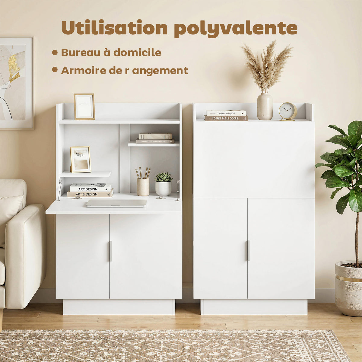 Bureau d'ordinateur pliant, bureau informatique avec plateau rabattable, étagères et placard, 80x30x128cm, blanc-3