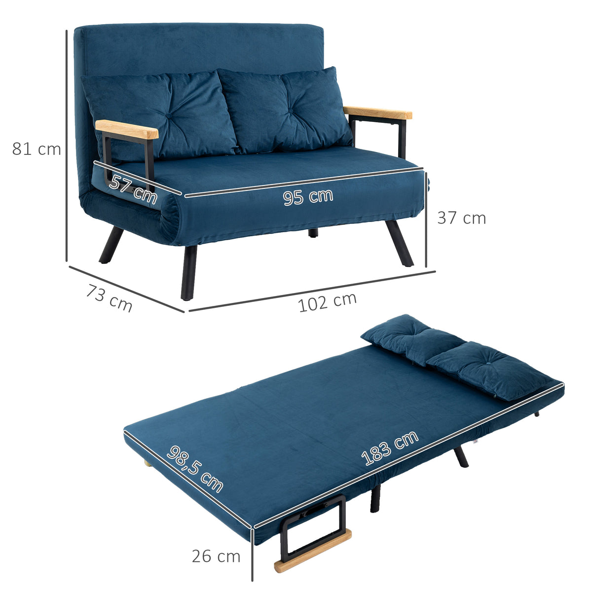 Canapé convertible 2 places avec dossier réglable à 5 niveaux et 2 coussins rembourrés, revêtement effet velours, bleu-2