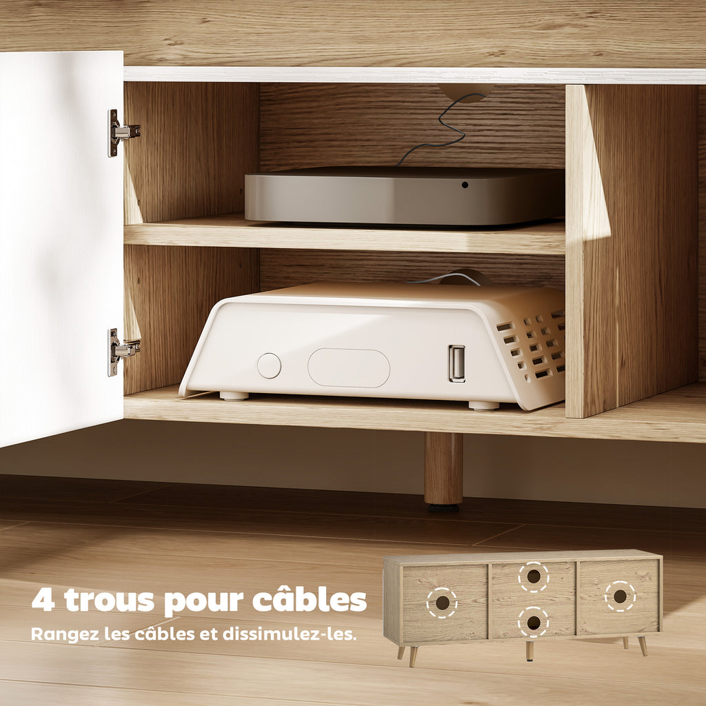 Meuble TV 120 cm, meuble télé pour téléviseur jusqu'à 55 pouces avec 3 portes, étagère réglable, chêne et blanc-5