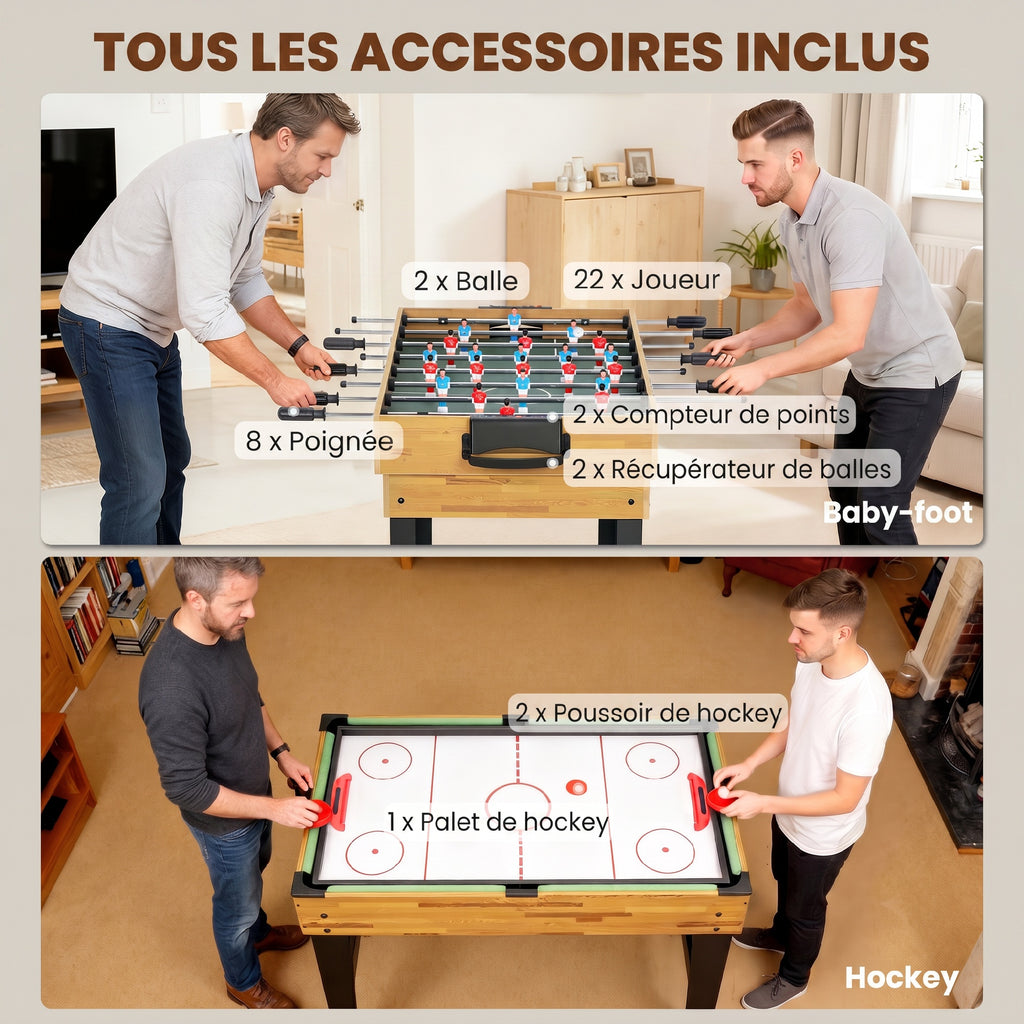 Table multijeux 13 en 1, table de jeu baby-foot, billard, ping-pong, 121x109x80cm, pour enfants et adultes, noyer clair-5
