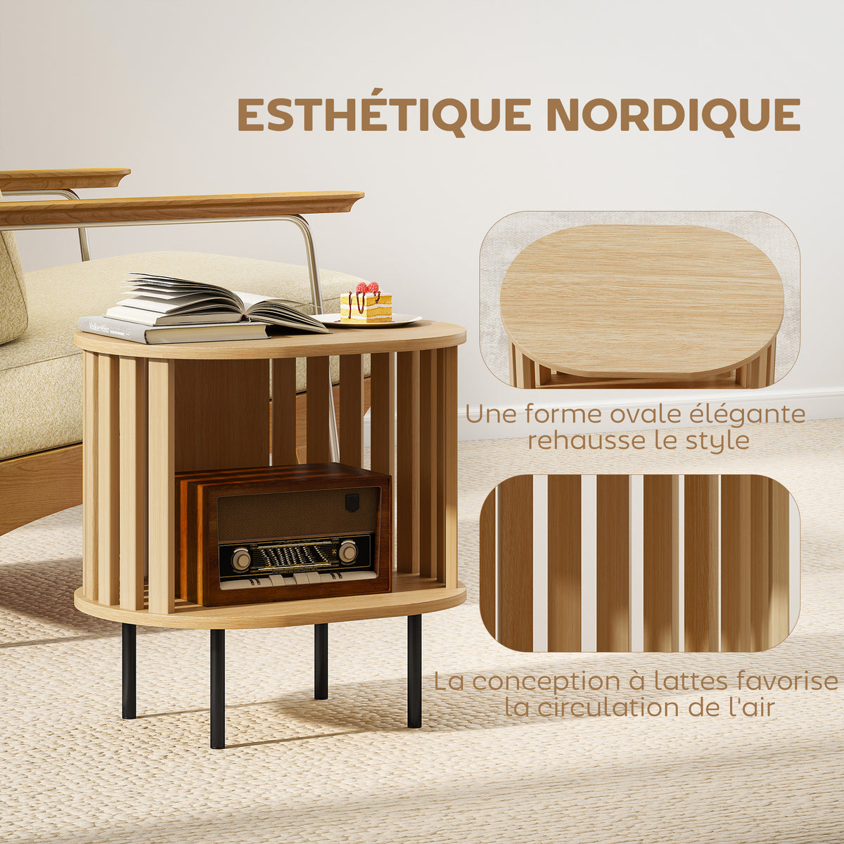 Table d'appoint ovale bout de canapé rangement ouvert pieds en acier design à lattes 50x39x50cm effet bois naturel-3