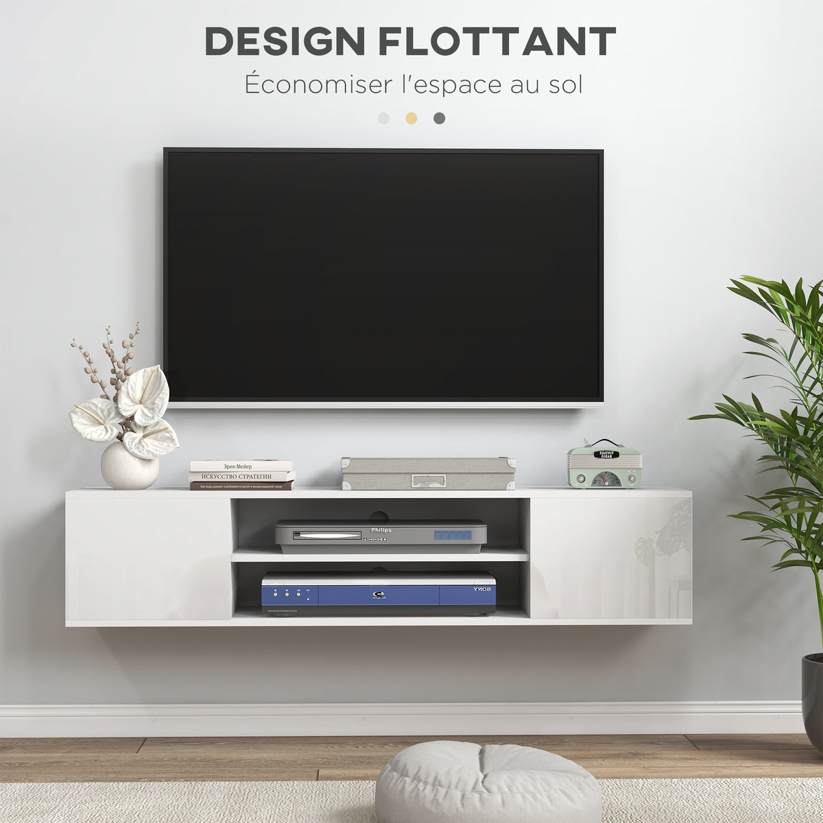 Meuble banc TV mural suspendu style contemporain 2 placards 2 niches centrales et 2 passe-câbles 140 x 30 x 30 cm blanc-3