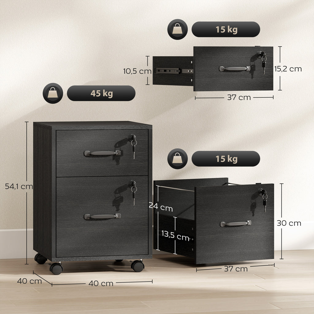 Caisson bureau mobile à 2 tiroirs, meuble rangement bureau sur roulettes pour documents suspendus format lettre, noir-2
