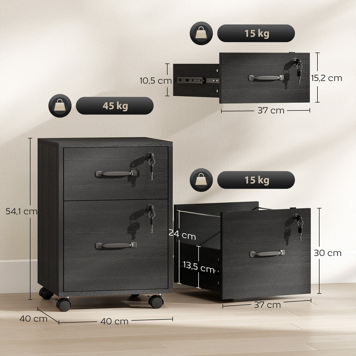 Caisson bureau mobile à 2 tiroirs, meuble rangement bureau sur roulettes pour documents suspendus format lettre, noir-2