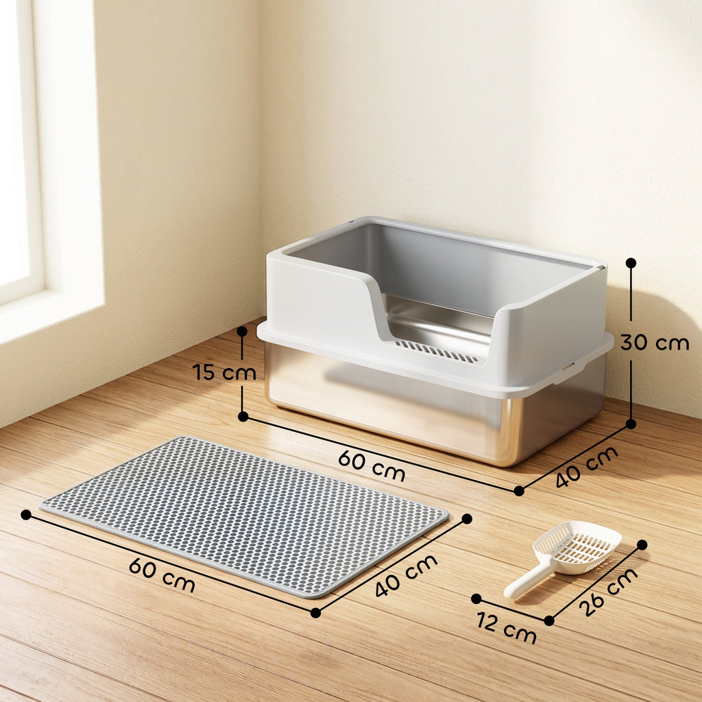 Bac Litière pour Chat en INOX Couvercle Bords Hauts Pelle et Tapis Anti-Adhérent Anti-Odeurs 60x40x30cm Gris Clair-2