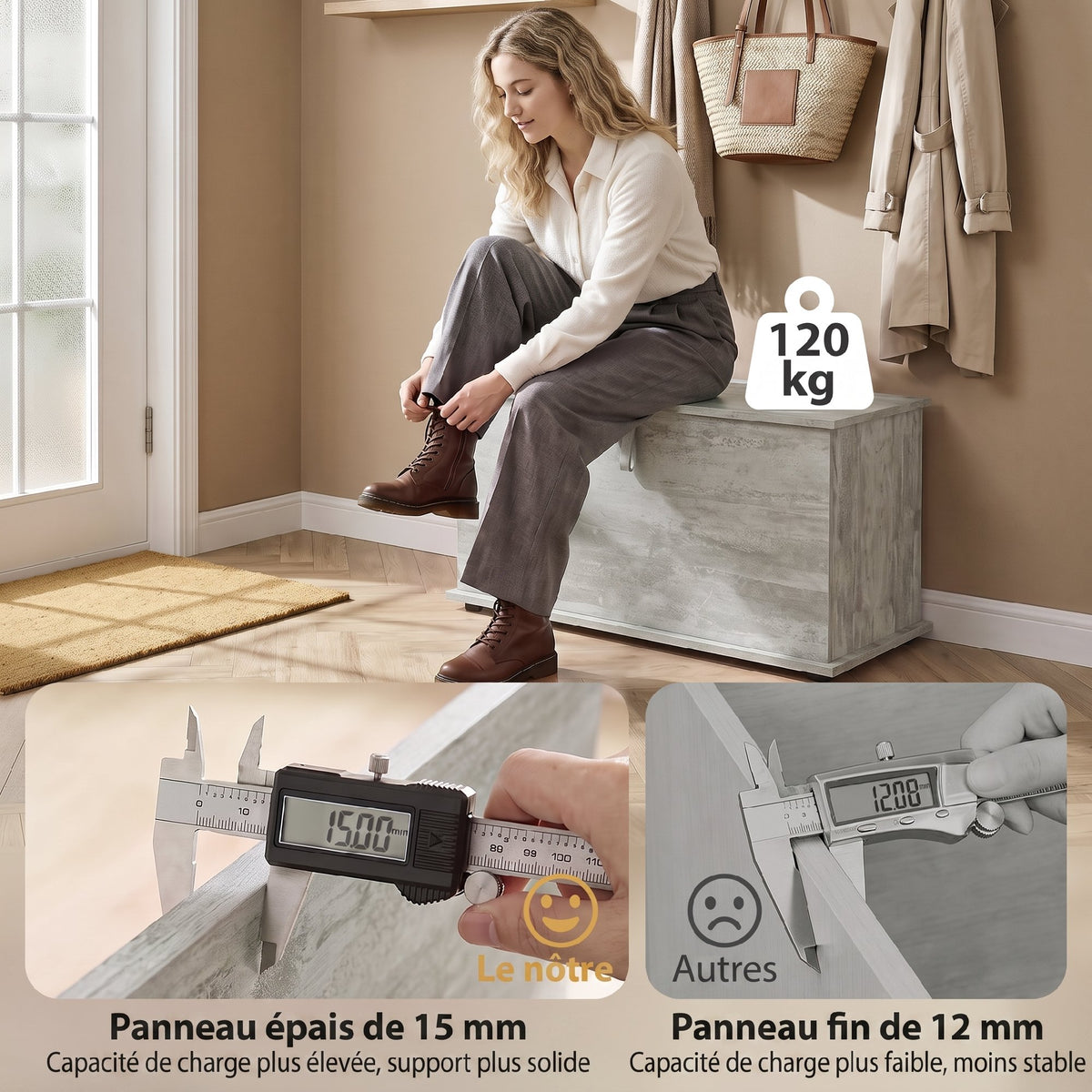 Coffre de Rangement, Banc de Rangement avec Couvercle Rabattable et Charnières de Sécurité, 80 x 40 x 45 cm, Gris-5
