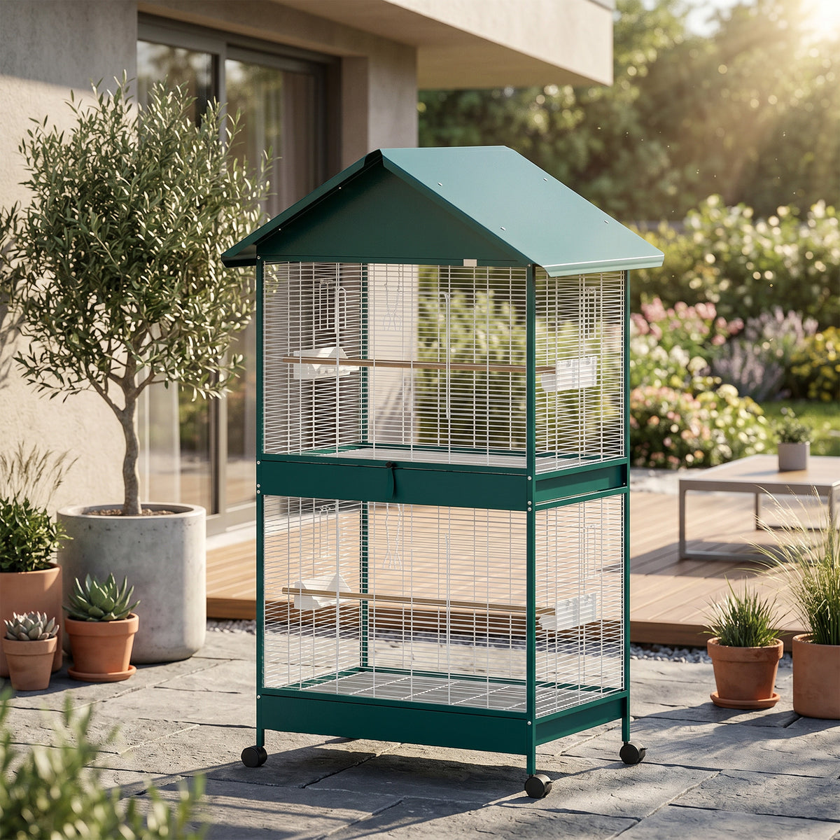 Cage à oiseaux sur roulettes avec séparateur amovible, 4 mangeoires et 2 perchoirs, 2 plateaux coulissants, 94x70x158cm-1