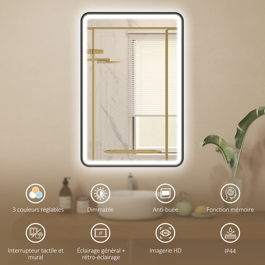 Miroir salle de bain avec éclairage 90 x 60 cm, miroir LED mural, anti-buée, 3 couleurs lumière, dimmable, noir-3