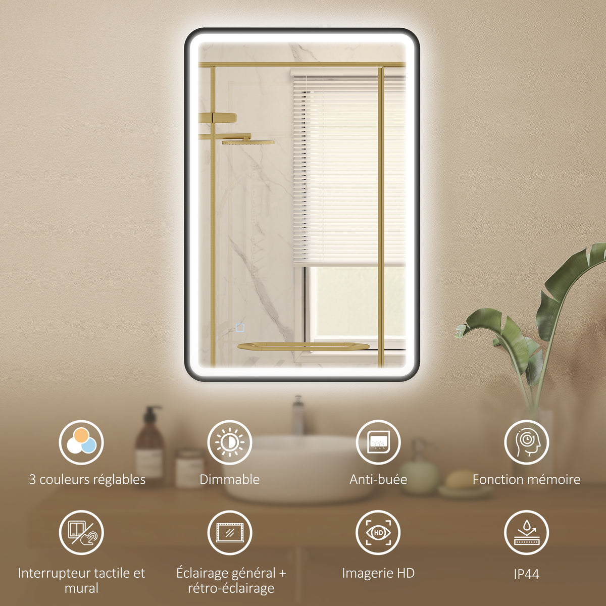 Miroir salle de bain avec éclairage 90 x 60 cm, miroir LED mural, anti-buée, 3 couleurs lumière, dimmable, noir-3