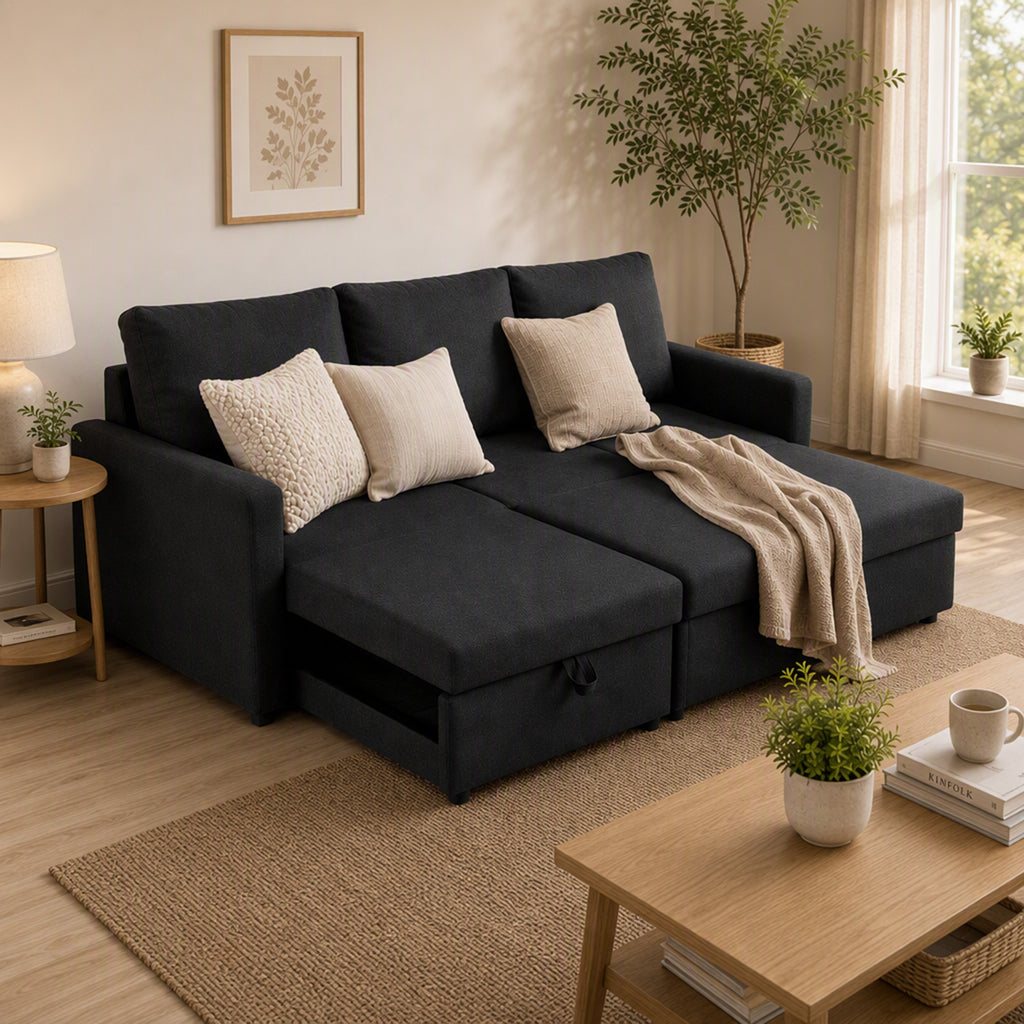Canapé d'Angle Convertible, Canapé-Lit 3 Places 192 cm avec Méridienne Réversible, Rangement Caché, Gris Anthracite-9