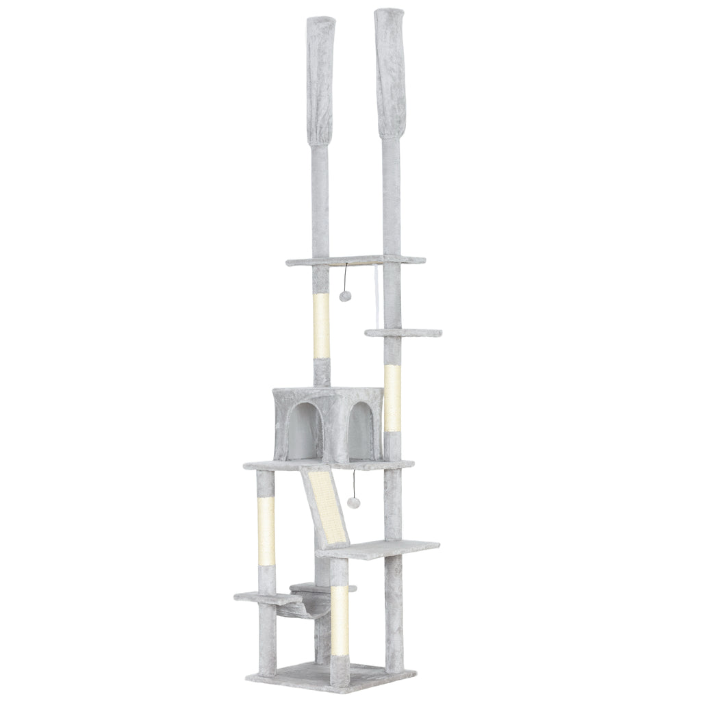 Arbre à chat du sol au plafond griffoir pour chat hauteur réglable 225-255 cm 6 niveaux avec niche hamac gris clair-0