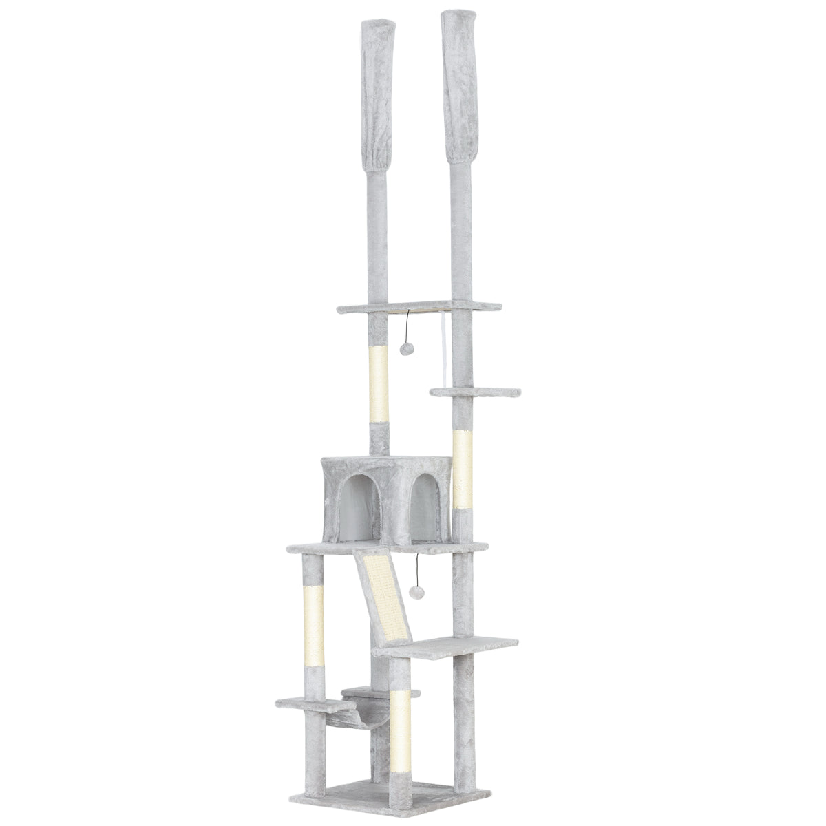 Arbre à chat du sol au plafond griffoir pour chat hauteur réglable 225-255 cm 6 niveaux avec niche hamac gris clair-0
