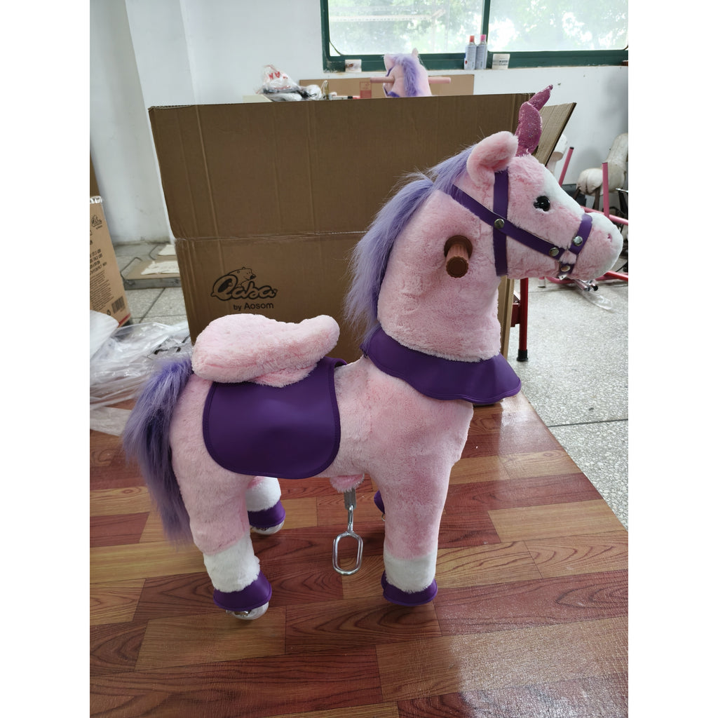 Cheval pour enfants 2+ ans avec 4 roues et hennissements, Tête pivotante, Design à pédales, Capacité 60 kg, Rose-1