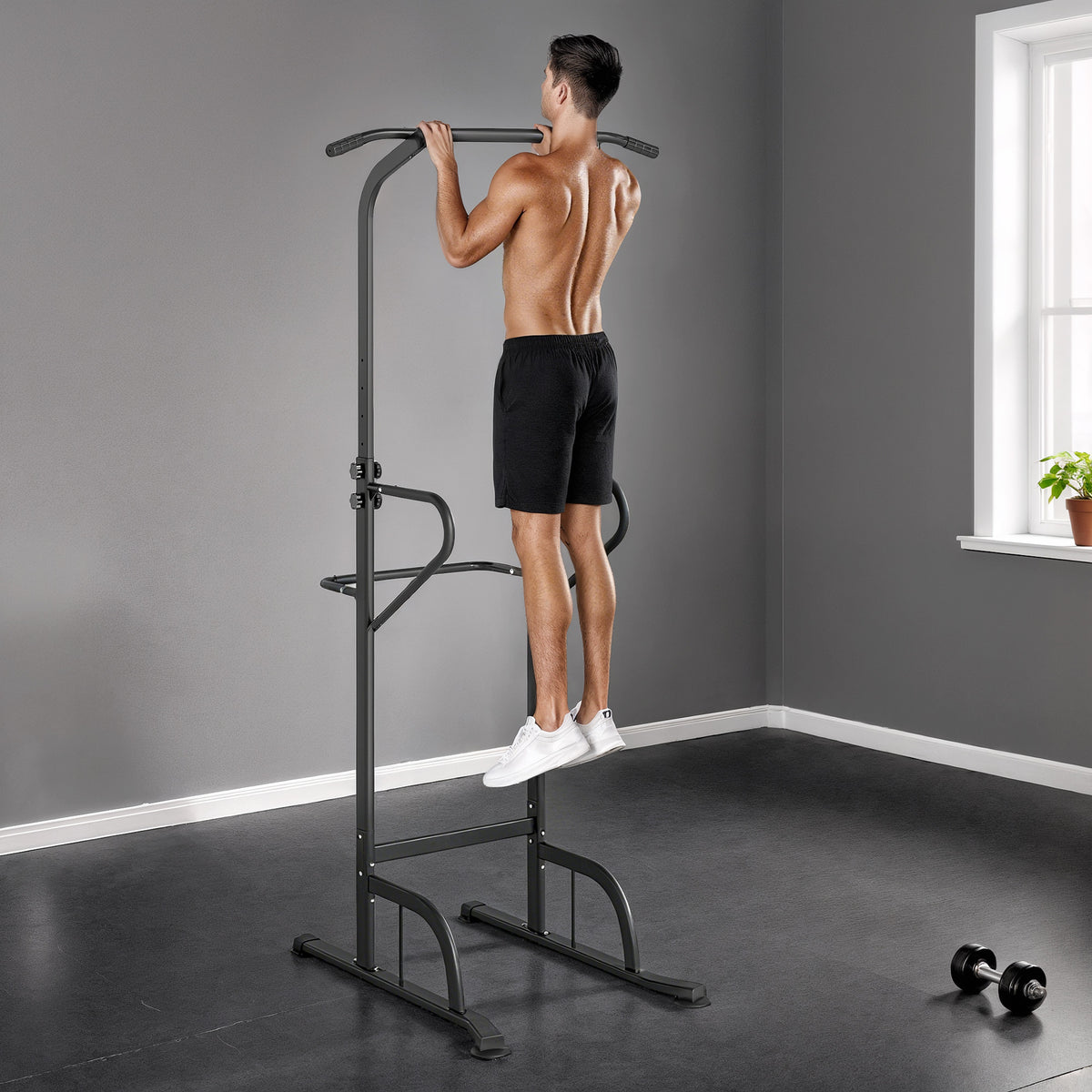 Power Tower Dip Station, Barre de traction, Barre de dips, Hauteur Réglable, Poignées en Forme U, 98x102x180-212cm, Noir-1