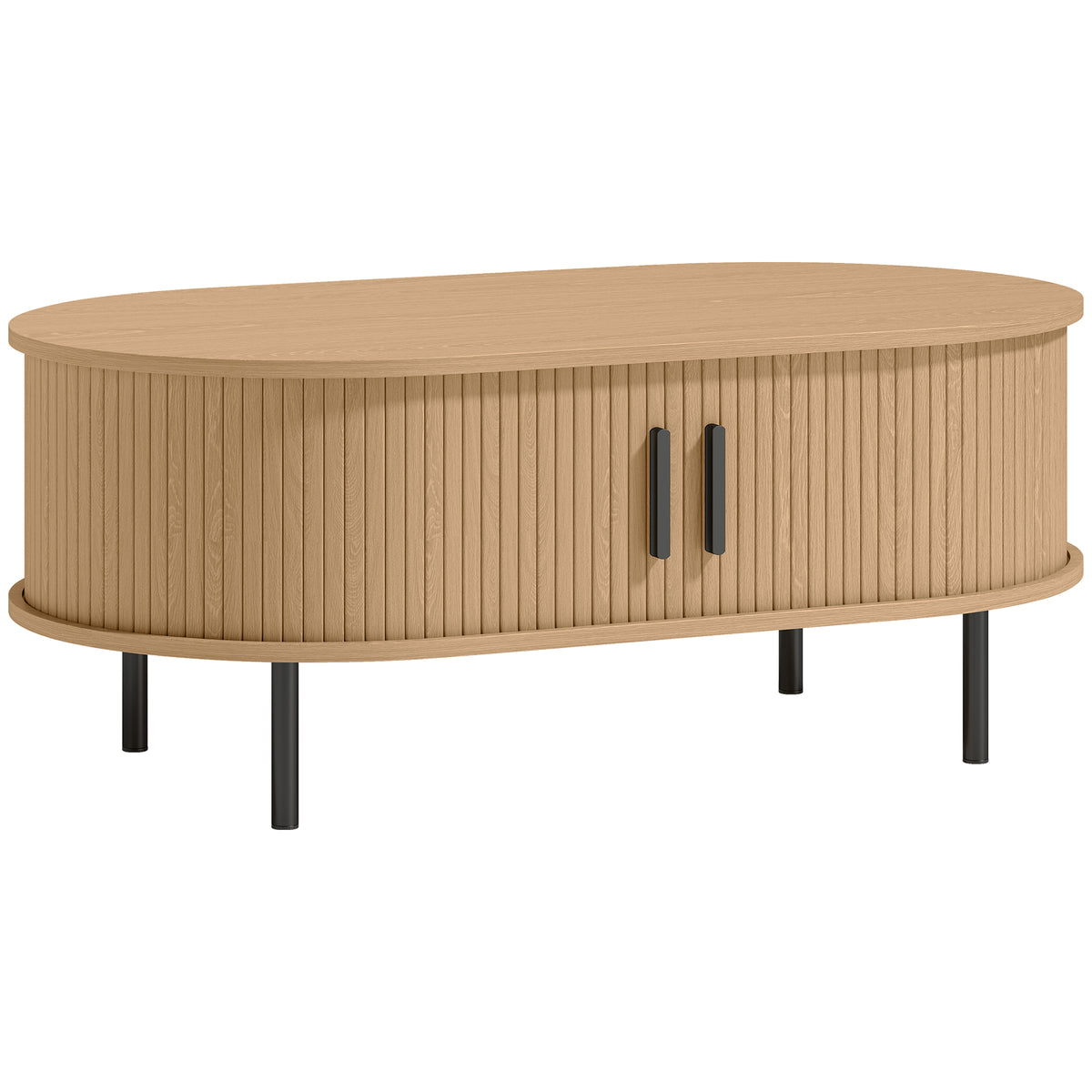 Table basse ovale en bois, table de salon moderne avec portes coulissantes et rangement caché, 100x55x40cm, bois naturel-0
