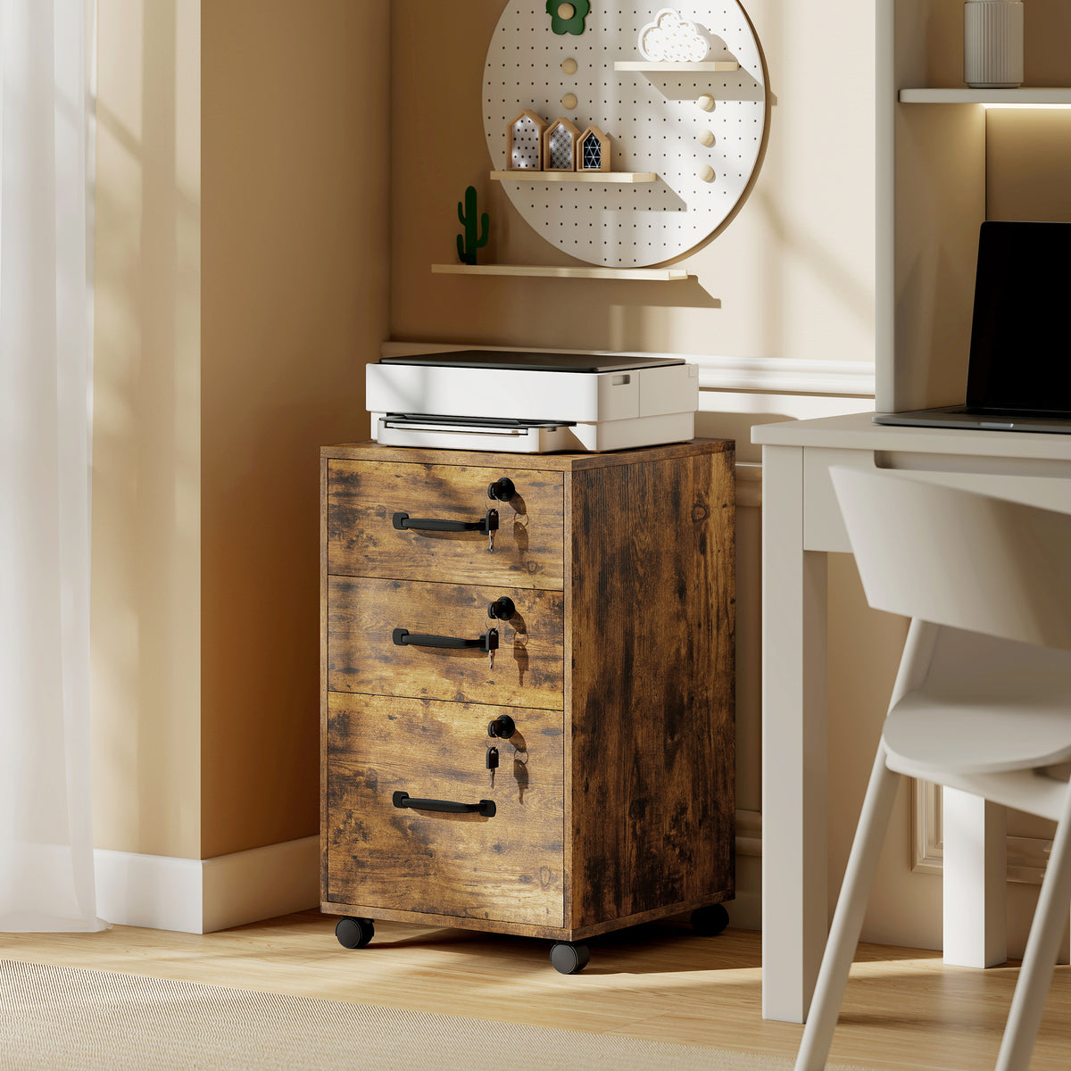 Caisson de Bureau Mobile avec 3 Tiroirs Verrouillables, Caisson de Rangement sur Roulettes, 40 x 40 x 69,5 cm, Marron-9