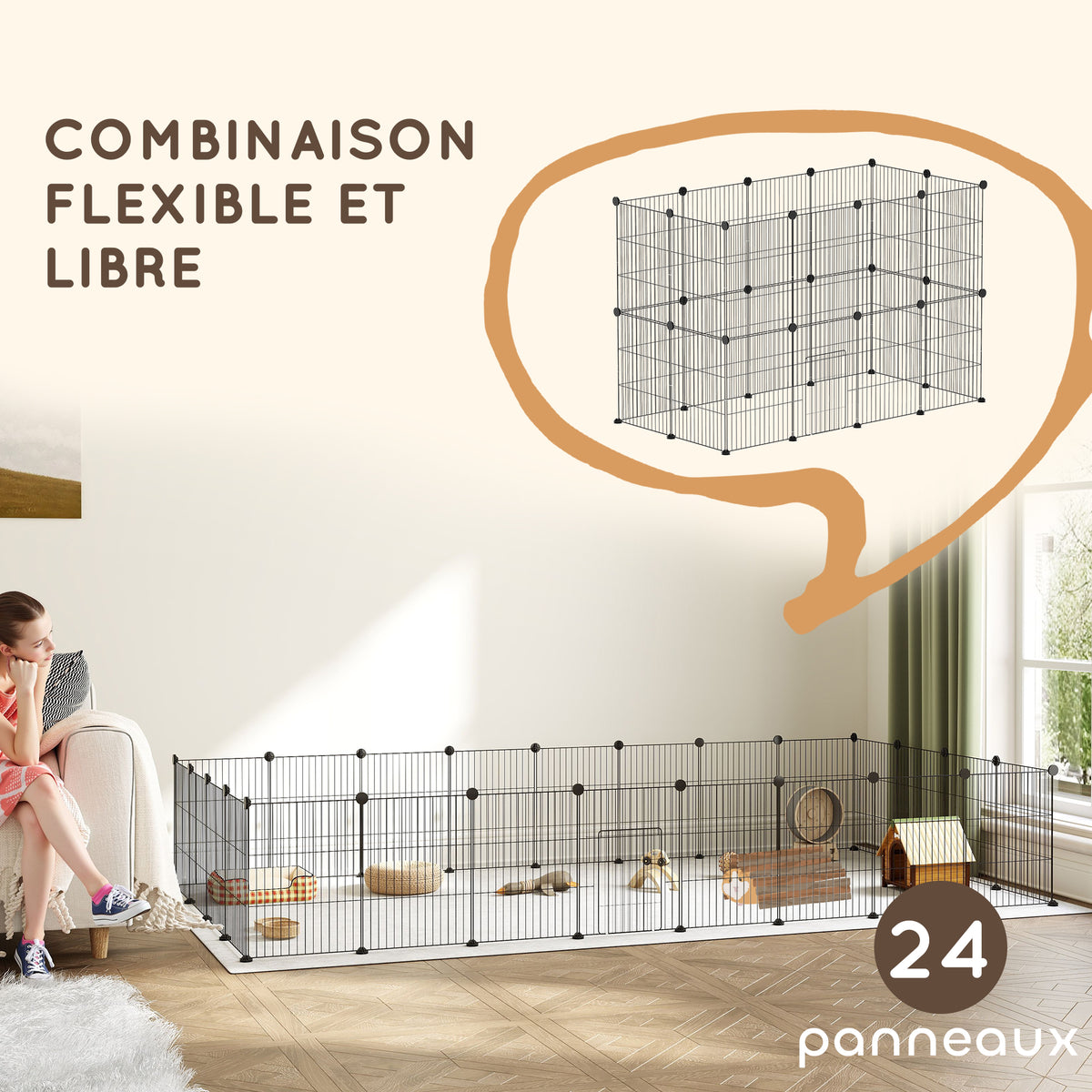 Enclos pour animaux parc pour petits animaux modulable 24 panneaux pour lapins grillagés en acier 120 x 60 x 80 cm noir-3
