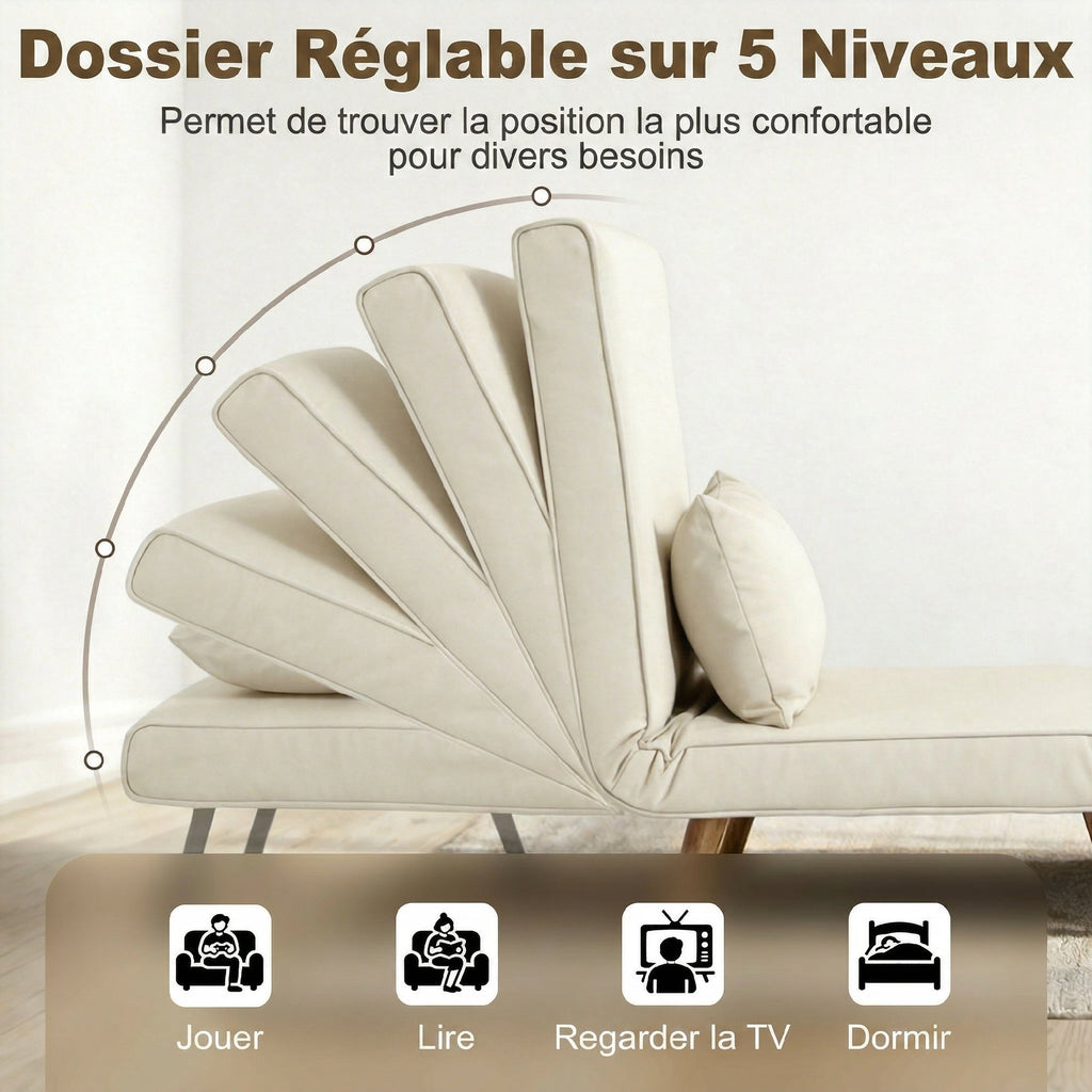 Fauteuil chauffeuse convertible 3 en 1 lit fauteuil lit 1 place dossier 5 positions en tissu avec coussin, crème-4