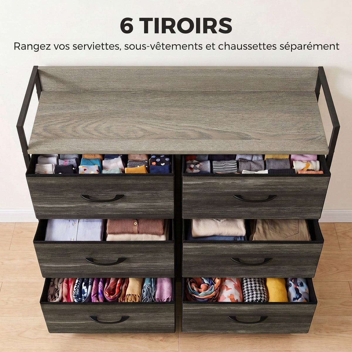 Commode, Meuble de Rangement pour Chambre, 6 Tiroirs en Tissu en Lin, Cadre en Acier, 80 x 29 x 85 cm, Gris-3
