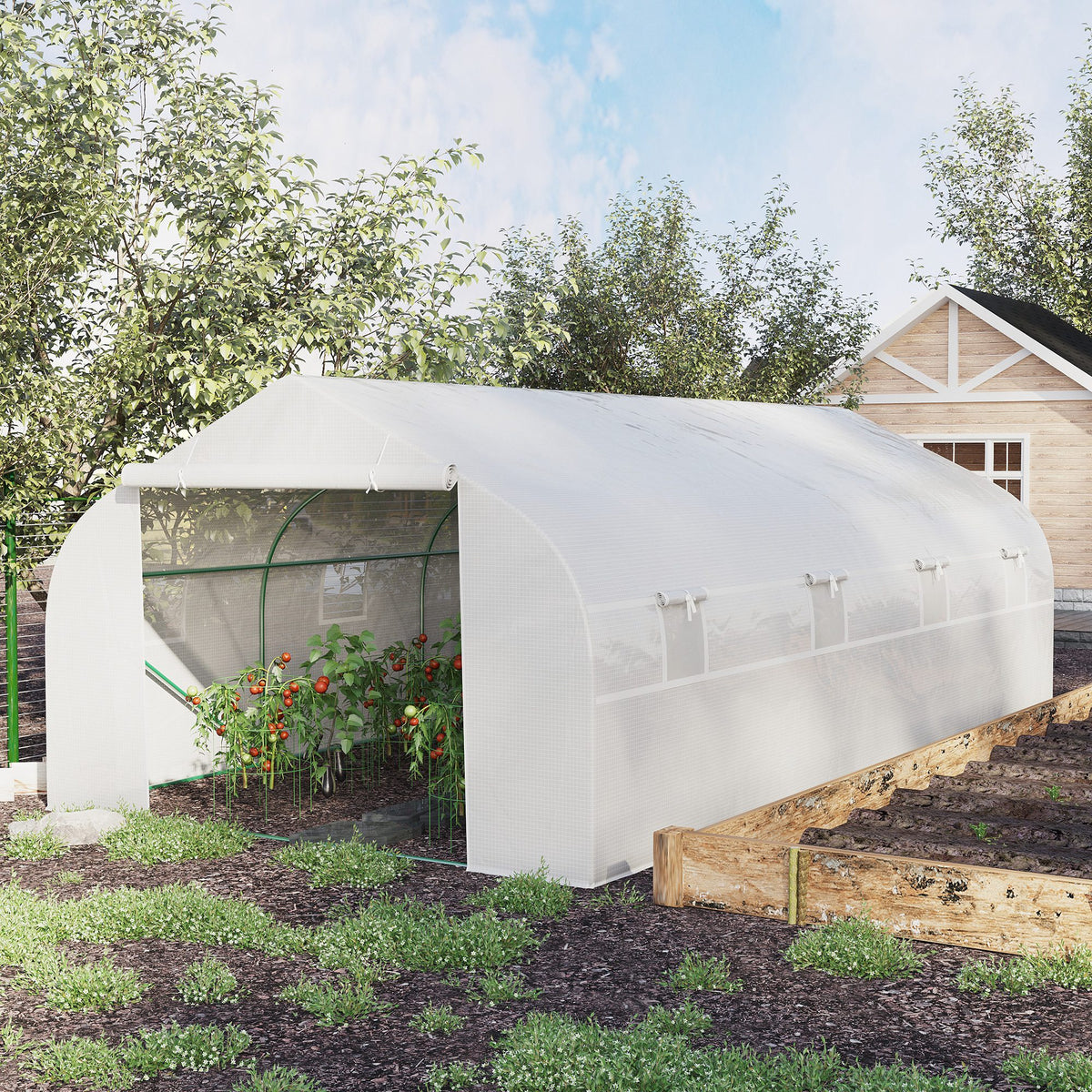 Serre Tunnel de Jardin 18 m² dim. 5,95L x 3l x 2H m Porte + 8 fenêtres enroulables Acier galvanisé bâche PE Haute densité Blanc-1