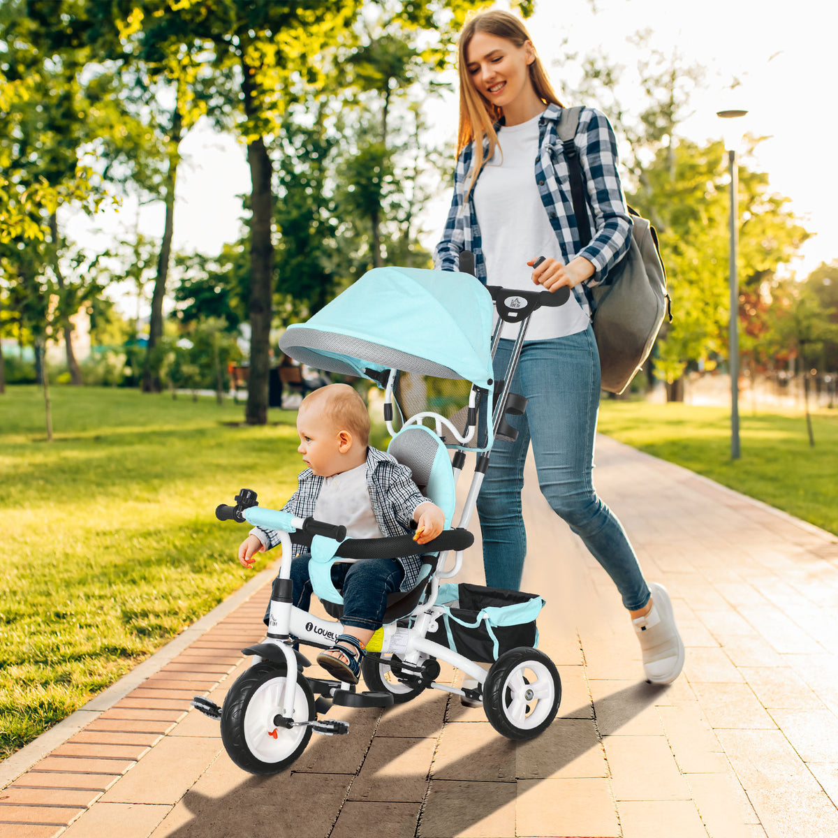 Tricycle 6 en 1 pour enfants, auvent, ceinture de sécurité 5 points, rangement, repose-pieds, frein, 1-5 ans, vert-1