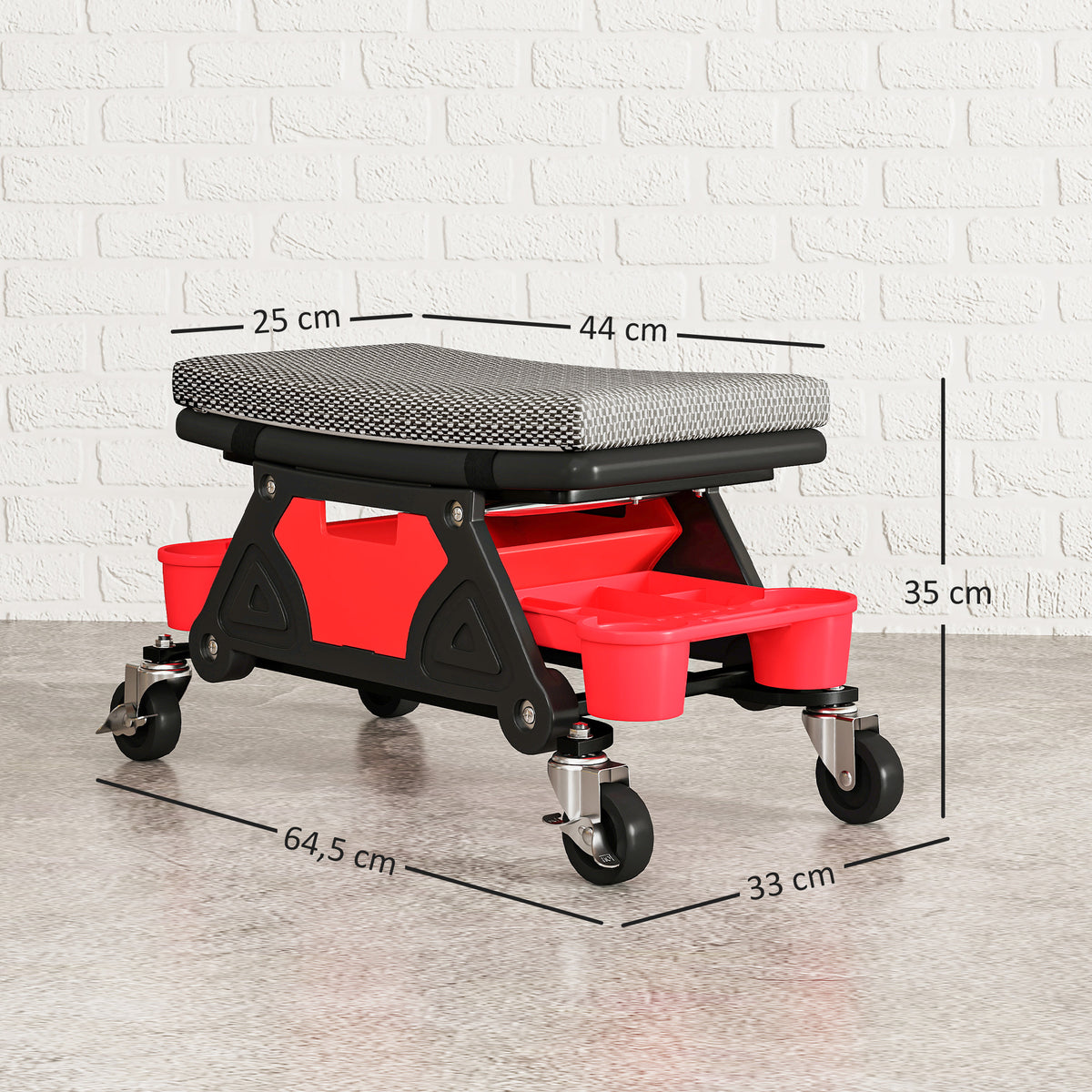 Tabouret d'atelier mobile 135 kg, tabouret de mécanicien avec roulettes rotatif à 360°, 64,5 x 33 x 35 cm, noir-2