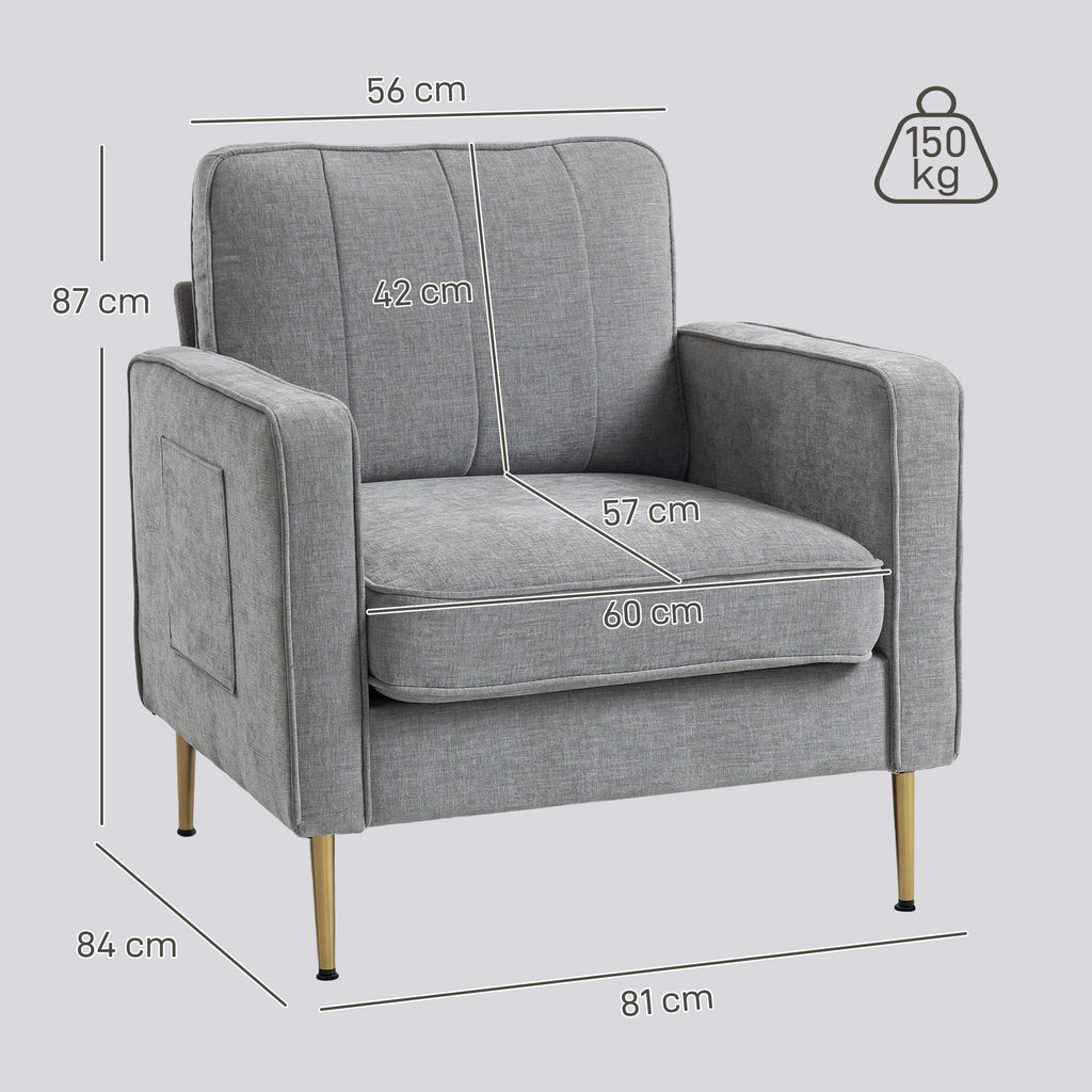 Fauteuil en tissu avec pieds en acier doré, grand confort, pochettes latérales, pour salon, bureau, chambre, gris-2