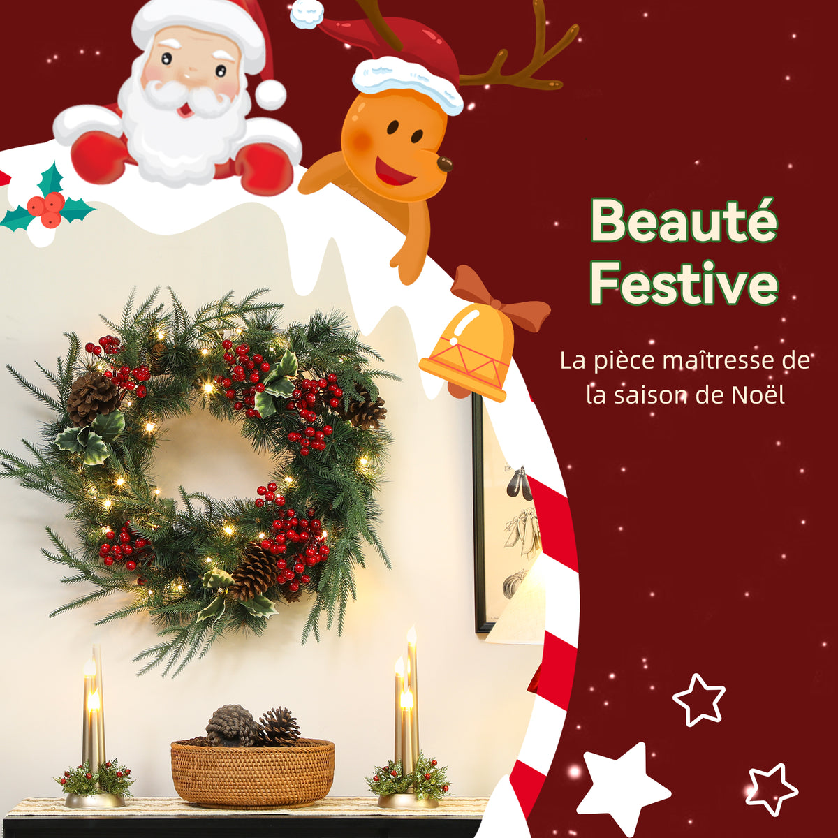 Couronne de Noël lumineuse 60 cm avec 35 LED, minuterie, 170 pointes, pommes de pin, baies, feuilles de houx, vert-3