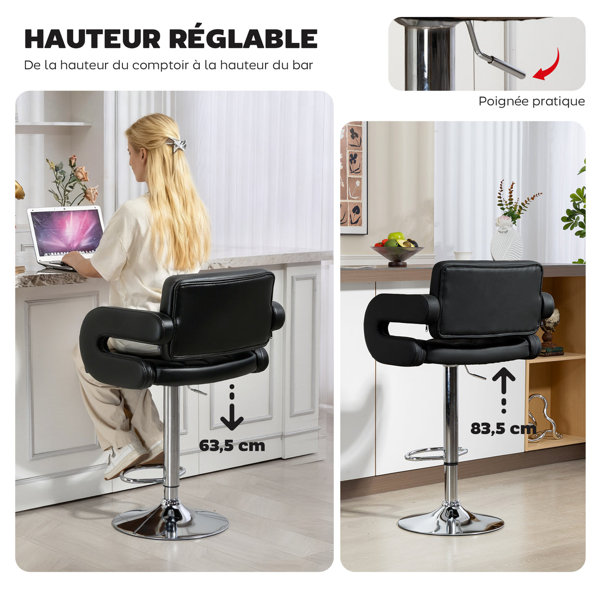 Tabouret de bar pivotant chaise de bar réglable en hauteur avec dossier repose-pieds et accoudoirs 61x50x93-113cm noir-3