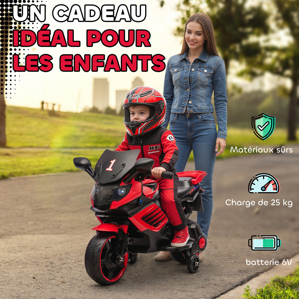 Moto électrique enfants 6 V, voiture électrique enfants avec roues d'entraînement, effets lumineux et sonores, rouge-6