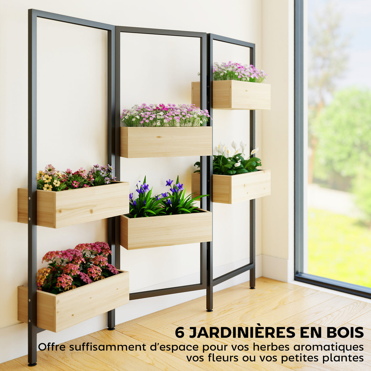 Séparateur de pièce avec 6 bacs, paravent extérieur pliable à 3 panneaux avec trou de drainage et doublure, bois naturel-3