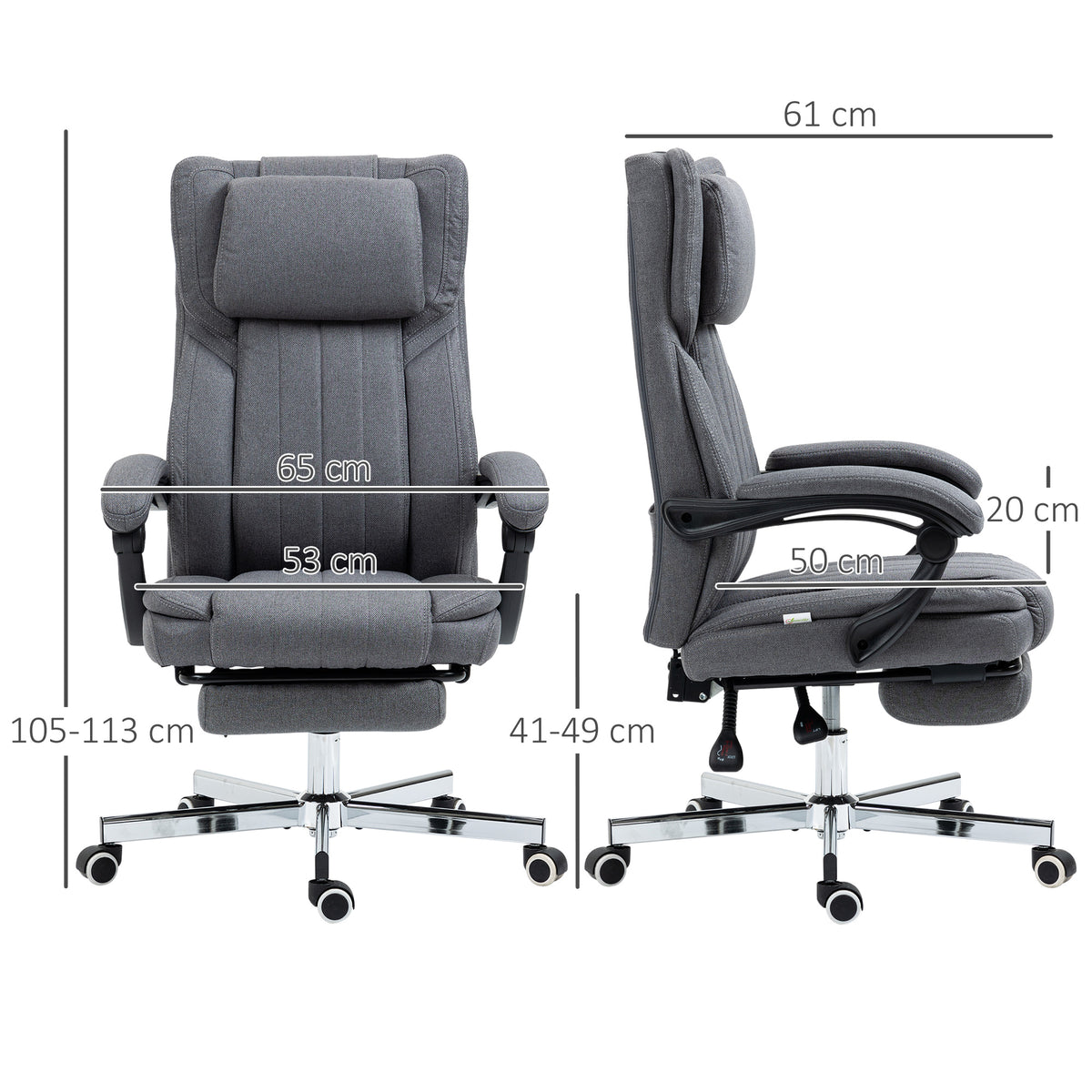 Chaise de bureau siège pivotant dossier inclinable hauteur réglable 65 x 61 x 105-113 cm gris-2