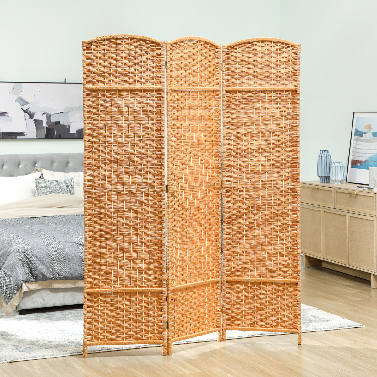 Paravent intérieur en bois 3 panneaux séparateur de pièce pliable pour salon chambre 135 x 180 cm brun clair-1