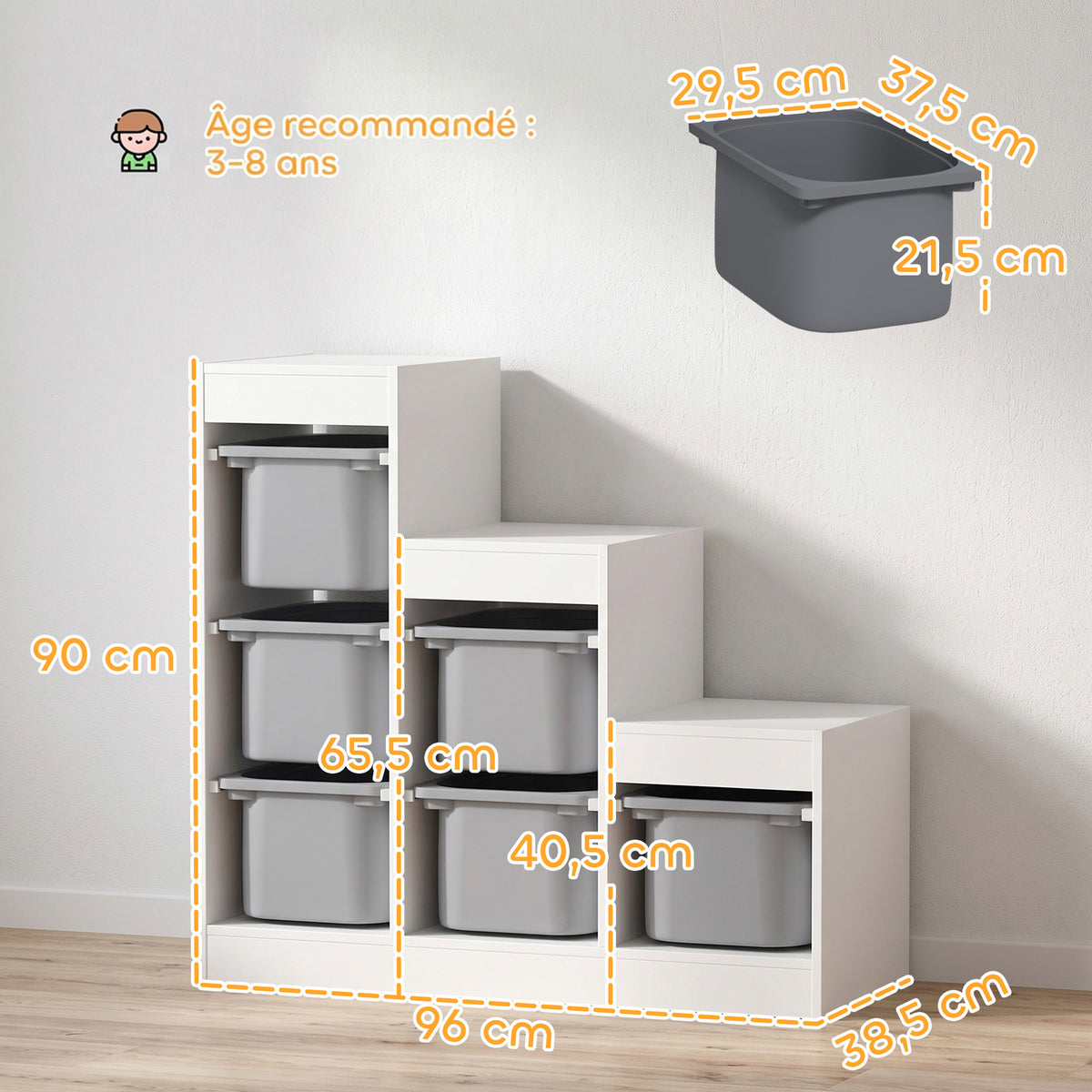 Meuble de rangement pour jouets des enfants avec 6 bacs amovibles, 3 niveaux de rangement, 96 x 38,5 x 90, gris-2
