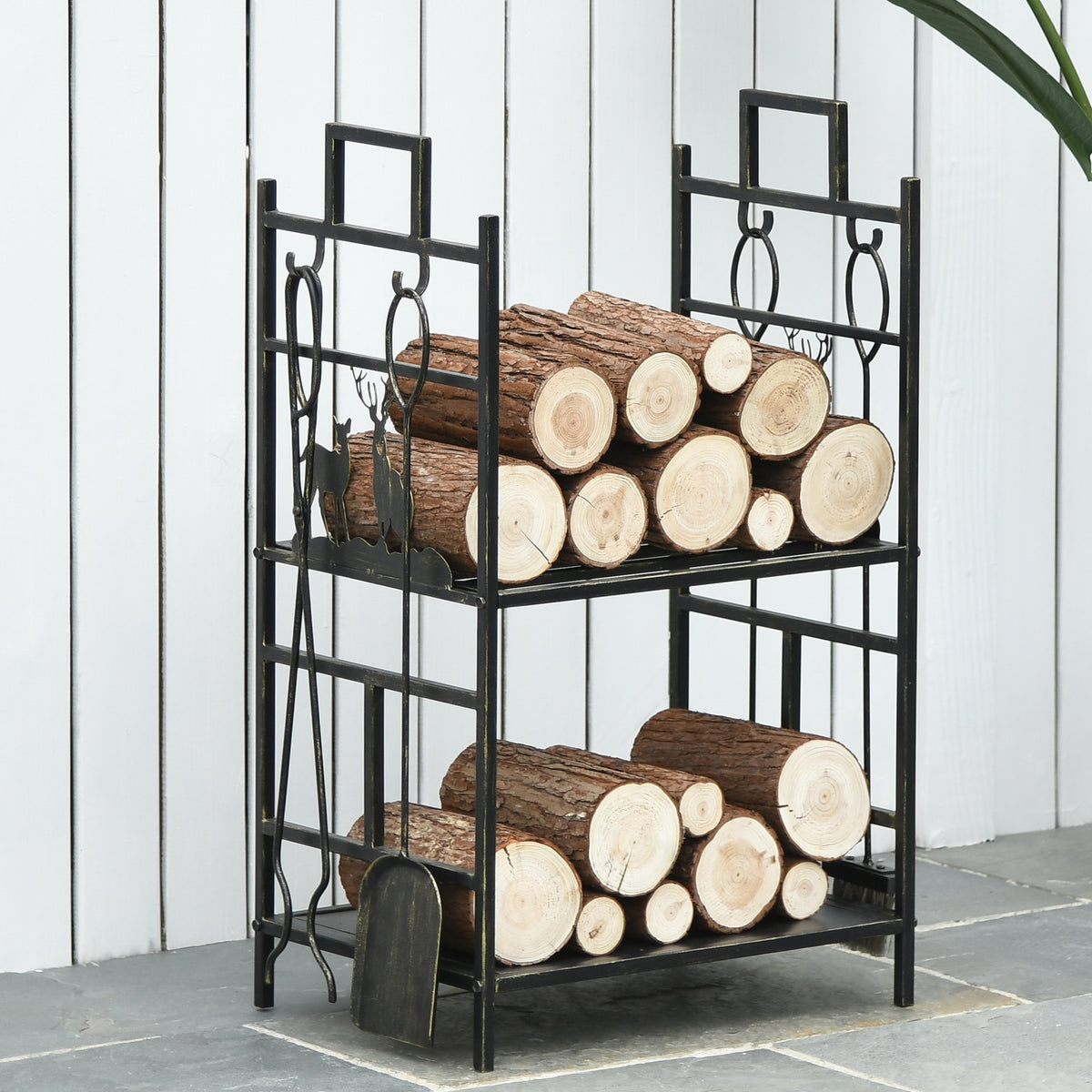 Porte-bûches range bûches étagère à bois de cheminée serviteur de cheminée cerf multi-accessoires 2 étagères dim. 51,5L x 33l x 77H cm métal noir or vieilli-1