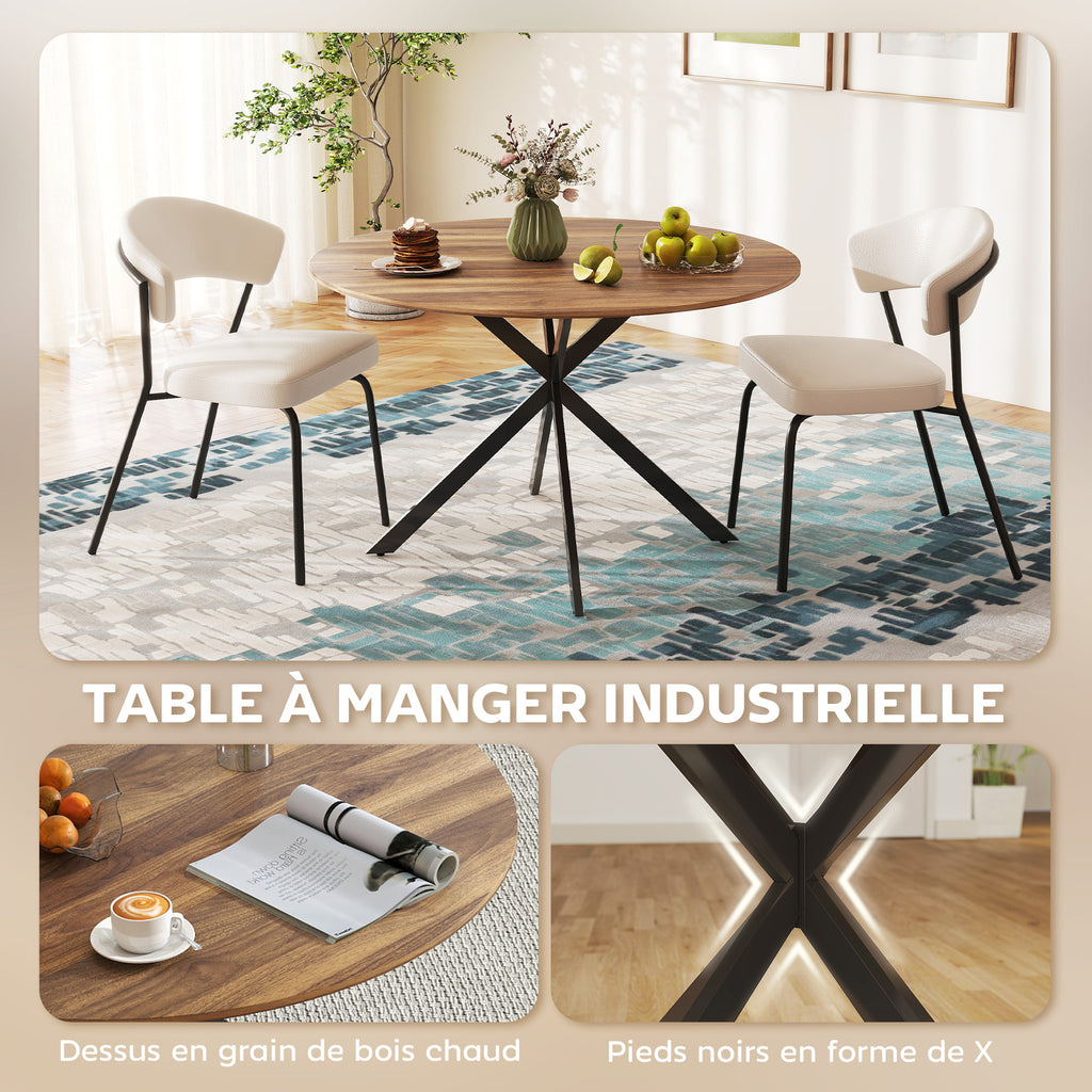 Table à manger ronde pour 4 personnes 120 cm style industriel avec plateau aspect bois, piètement croisé en acier, marron-3