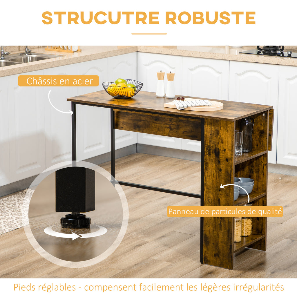 Ilot centra table de bar plateau latéral  rabattable et 3 étagères 120 x 76 x 91,4 cm Brun Rustique-5