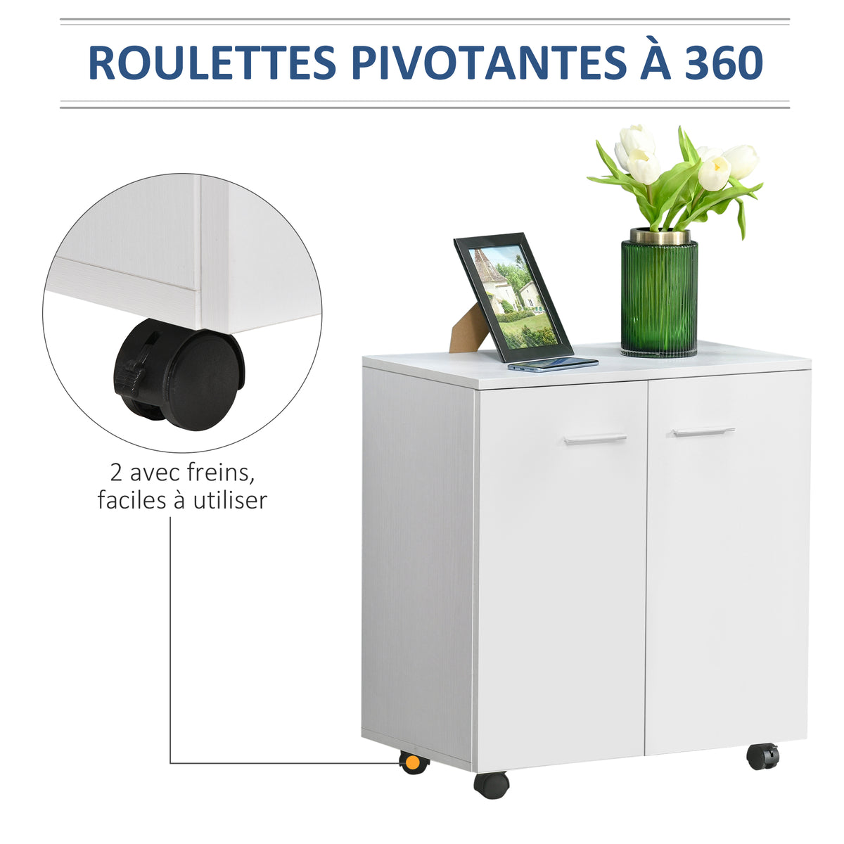 Meuble de Rangement Buffet bas sur roulettes avec 2 Portes étagère Interne pour salon, chambre, bureau 60 x 35 x 65 cm Blanc-4