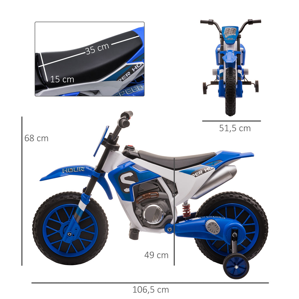 Moto Cross électrique Enfant 3 à 6 Ans 12 V 3-8 Km/h avec roulettes latérales Amovibles dim. 106,5L x 51,5l x 68H cm Bleu-2