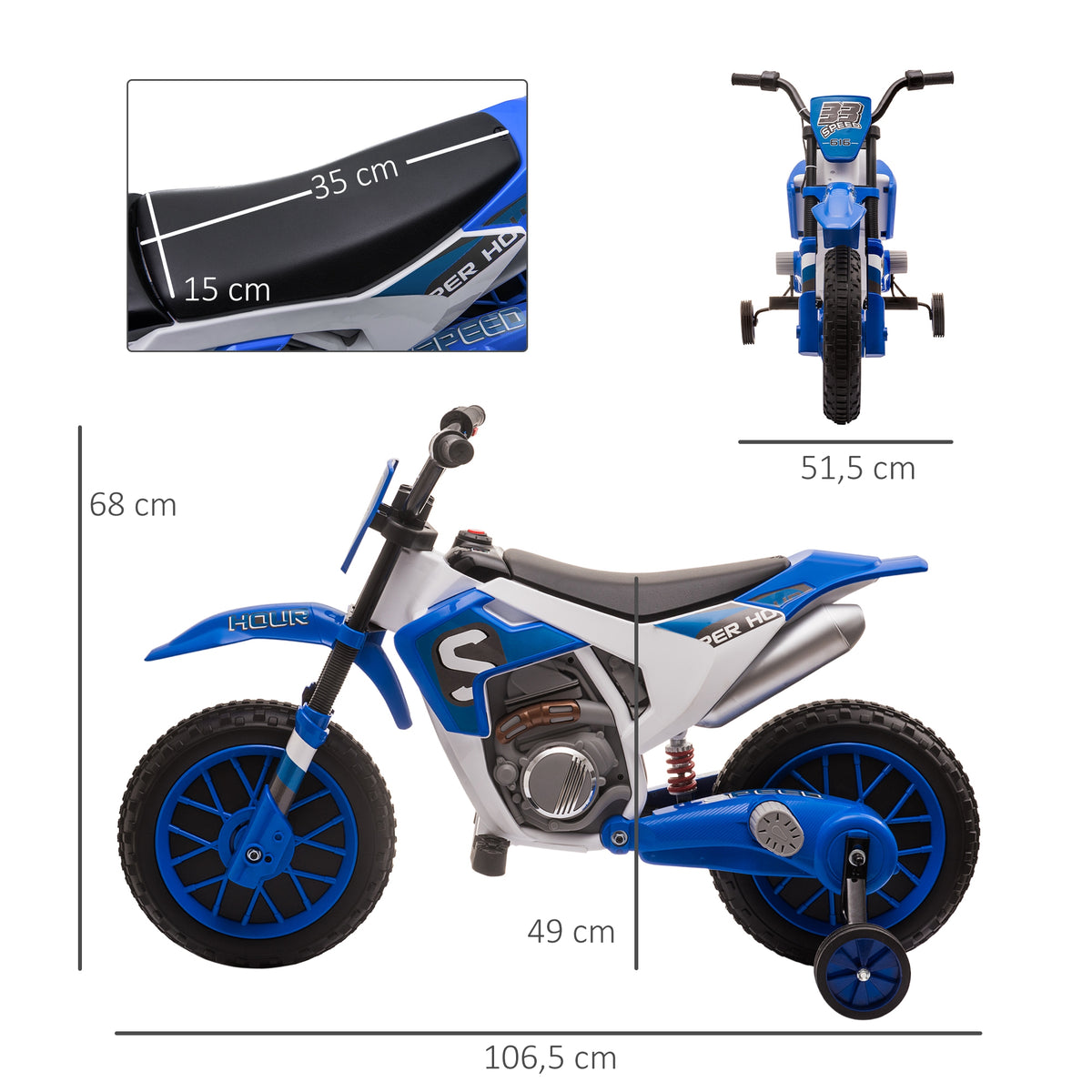 Moto Cross électrique Enfant 3 à 6 Ans 12 V 3-8 Km/h avec roulettes latérales Amovibles dim. 106,5L x 51,5l x 68H cm Bleu-2