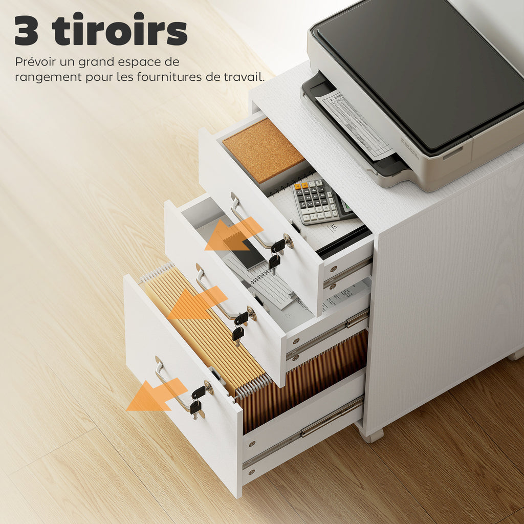 Caisson de Bureau Mobile avec 3 Tiroirs Verrouillables, Caisson de Rangement sur Roulettes, 40 x 40 x 69,5 cm, Blanc-3