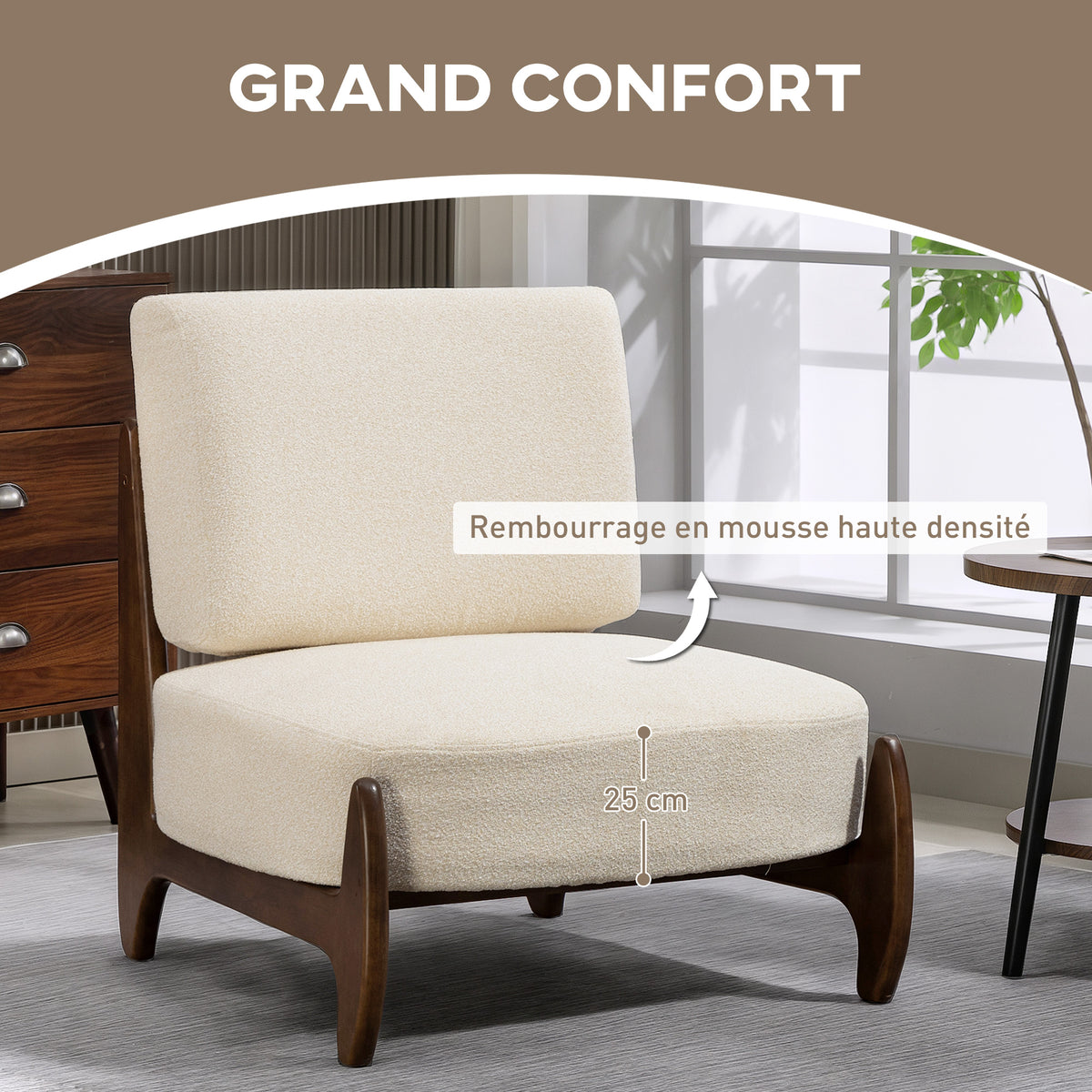 Fauteuil salon en chenille, fauteuil chambre confortable, coussin épais, assise rembourrée, 72 x 73,5 x 81 cm, crème-4