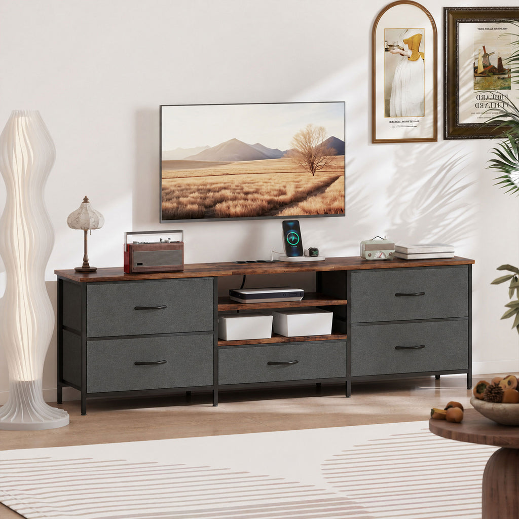 Meuble TV 160 cm, Meuble Télé 70 Pouces, Station de Charge, 5 Tiroirs en Tissu, Étagères Ouvertes, Gris Foncé-7
