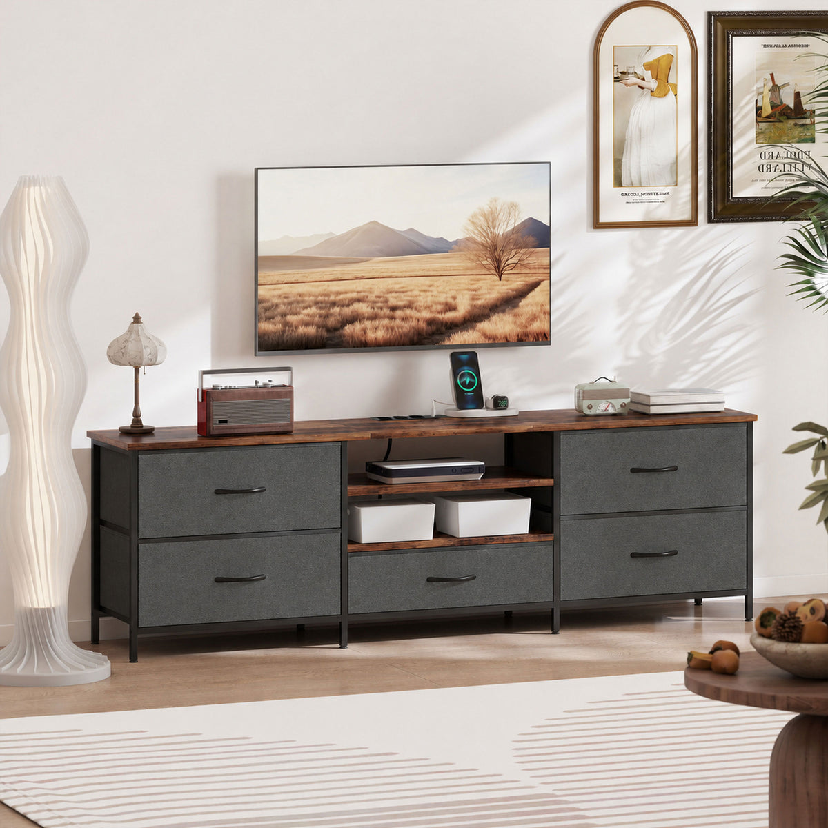 Meuble TV 160 cm, Meuble Télé 70 Pouces, Station de Charge, 5 Tiroirs en Tissu, Étagères Ouvertes, Gris Foncé-7