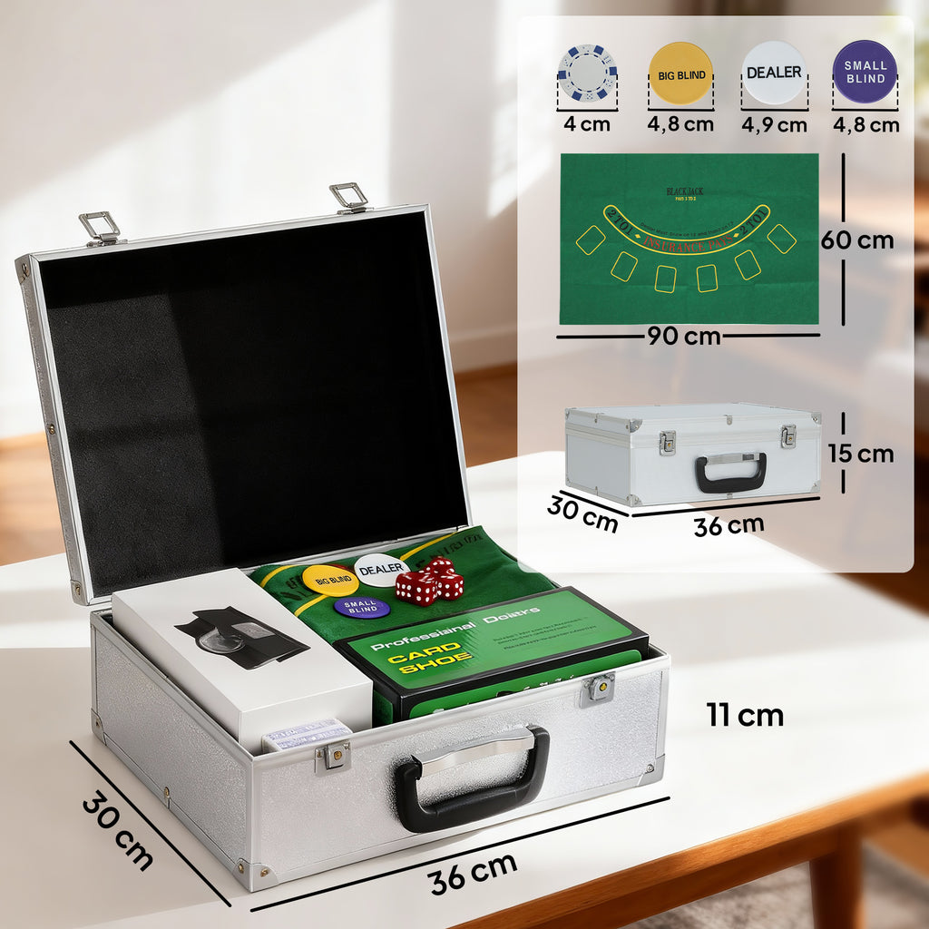 Mallette de Poker Coffret de Poker Complet 300 Jetons, Cartes à Jouer, Dés, Dealer, Tapis, Clés, Boîtier en ABS, Argent-2