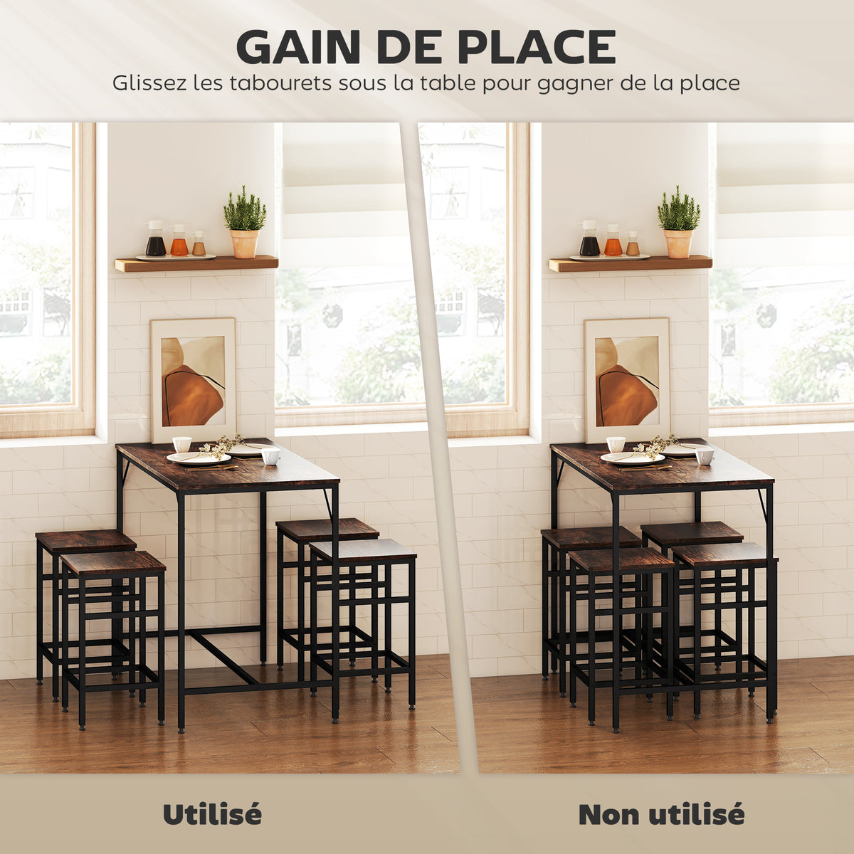 Ensemble table de bar industriel + 4 tabourets repose-pieds en bois couleur chêne cadre en métal noir-3