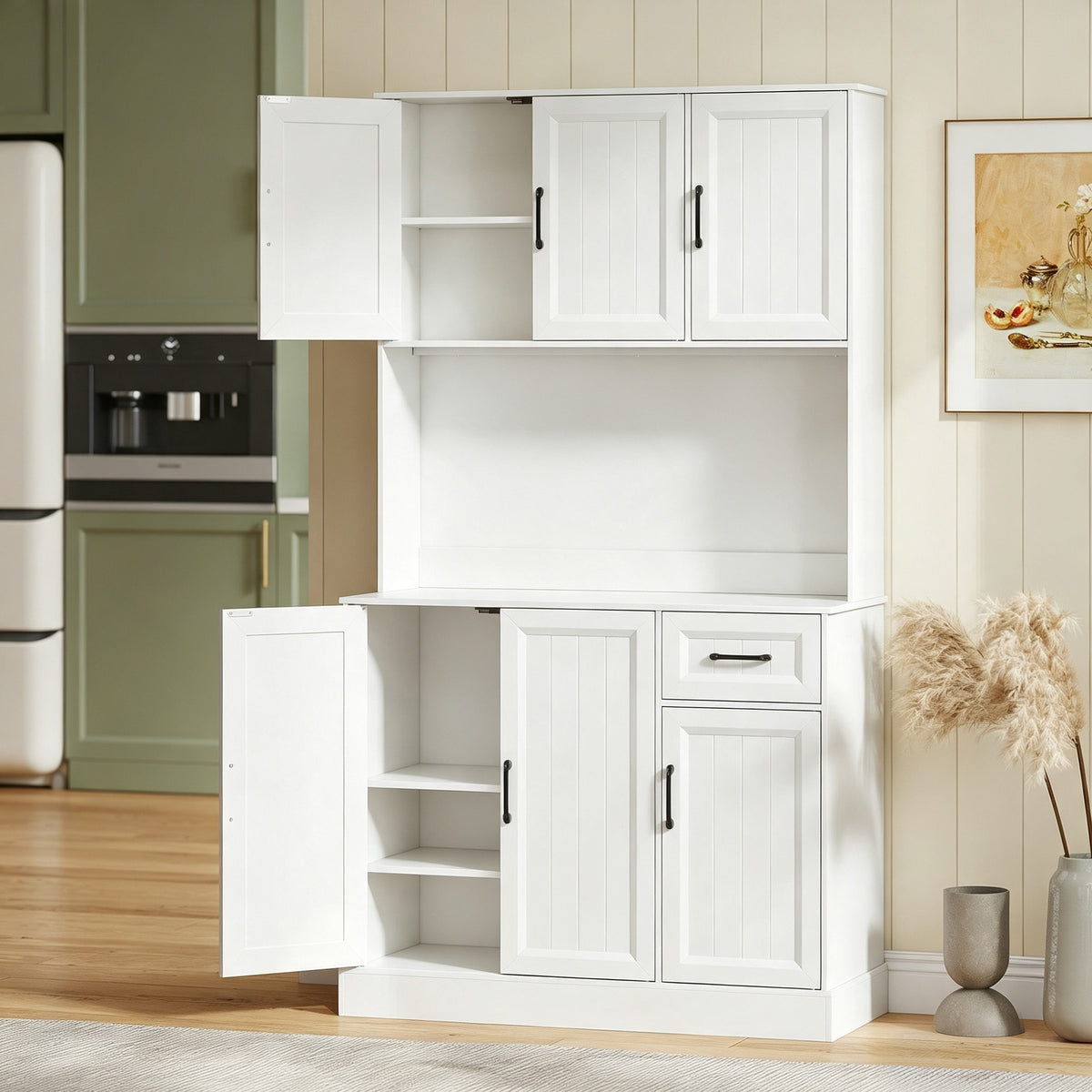 Buffet Haut Cuisine Moderne, 6 Portes, 1 tiroir, 1 Compartiment Ouvert, Étagères Réglables, 100 x 39,5 x 180,5 cm, Blanc-1