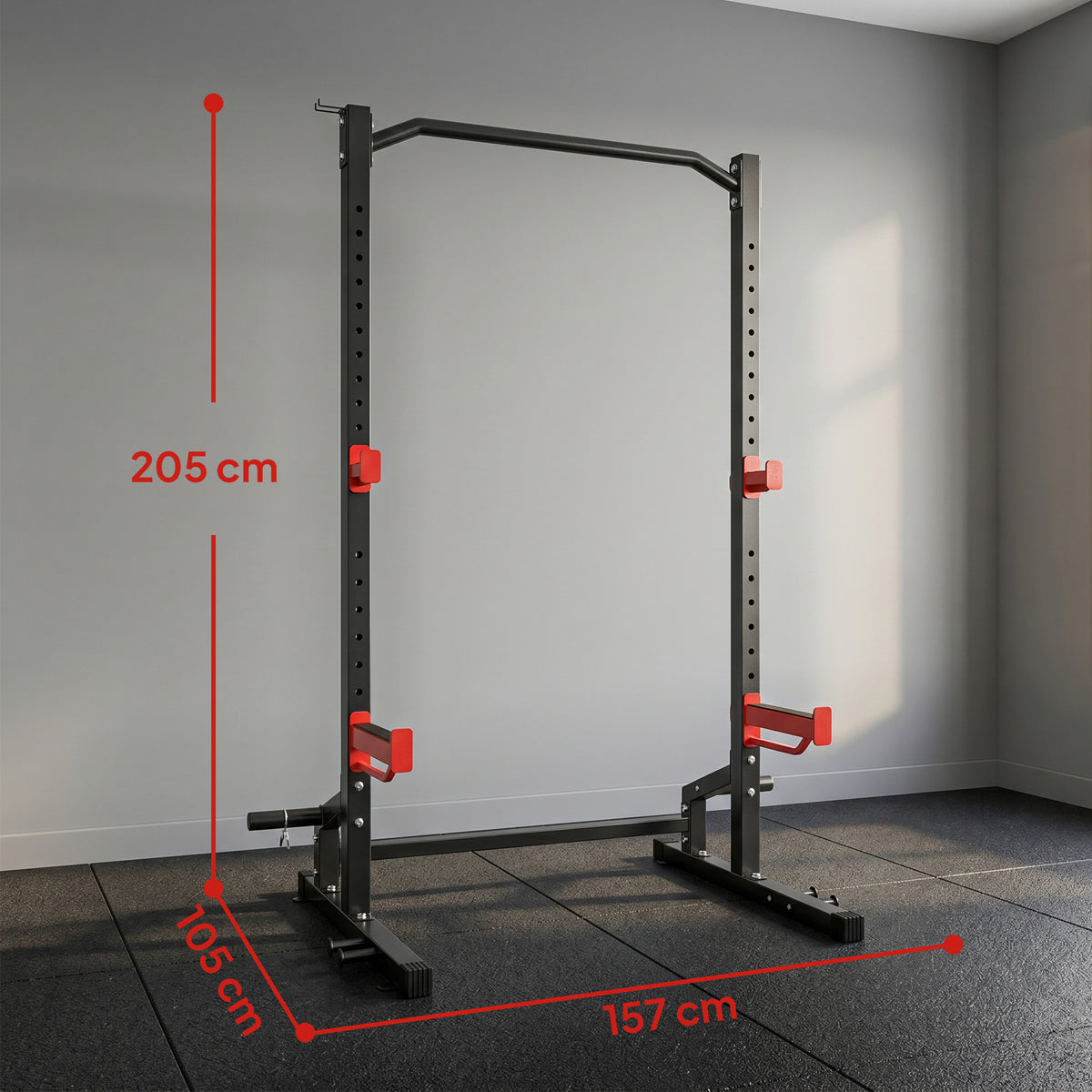 Power Tower Multifonction Charge 500 kg, Barre de Traction, Rack de Squat, Supports pour Disques, 157x105x205cm, Rouge-2
