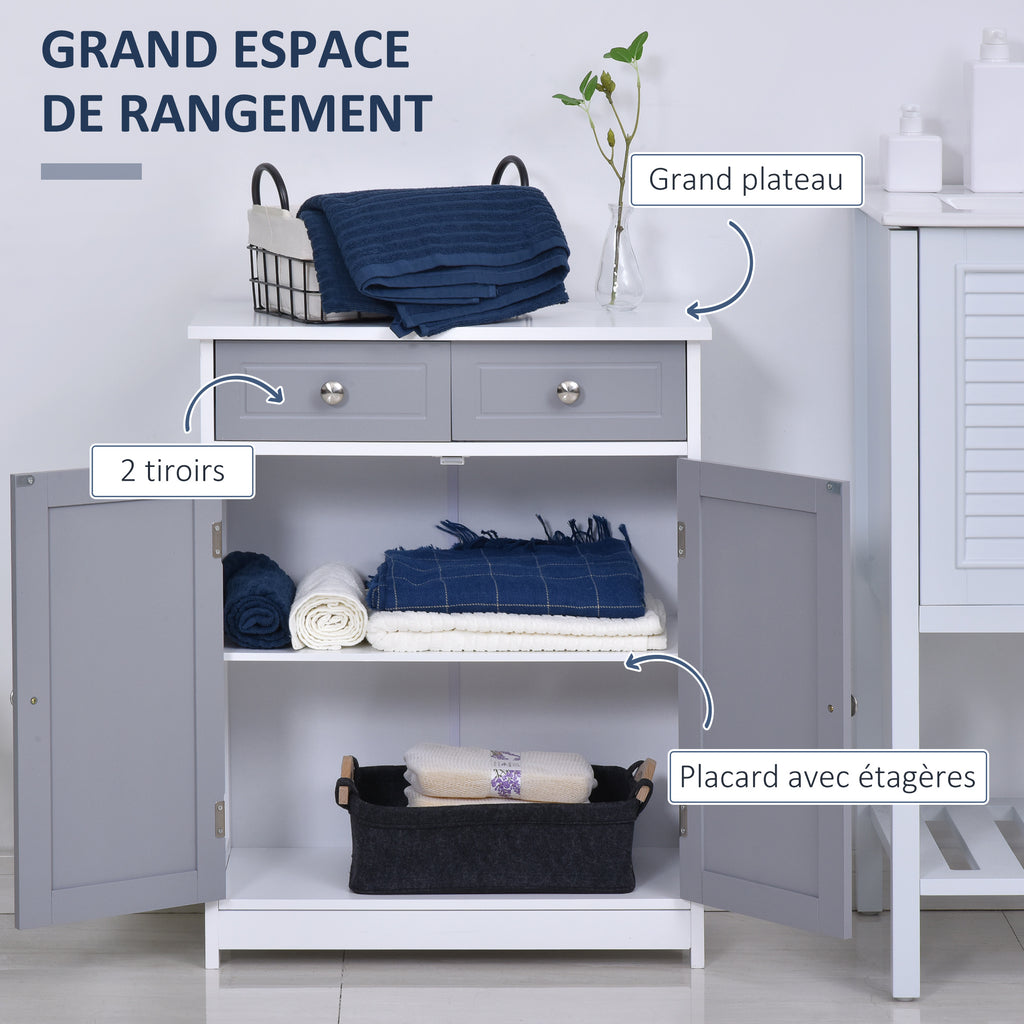 Meuble de salle de bain meuble de rangement 2 tiroirs placard double porte et étagère réglable 60 x 30 x 75 cm gris-3
