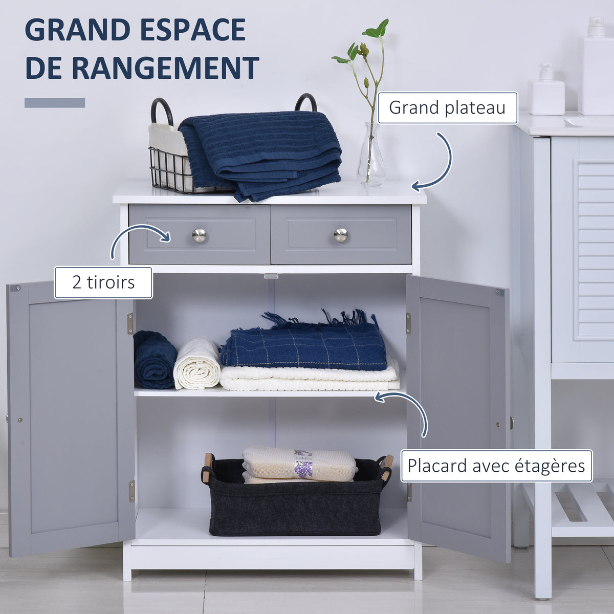 Meuble de salle de bain meuble de rangement 2 tiroirs placard double porte et étagère réglable 60 x 30 x 75 cm gris-3